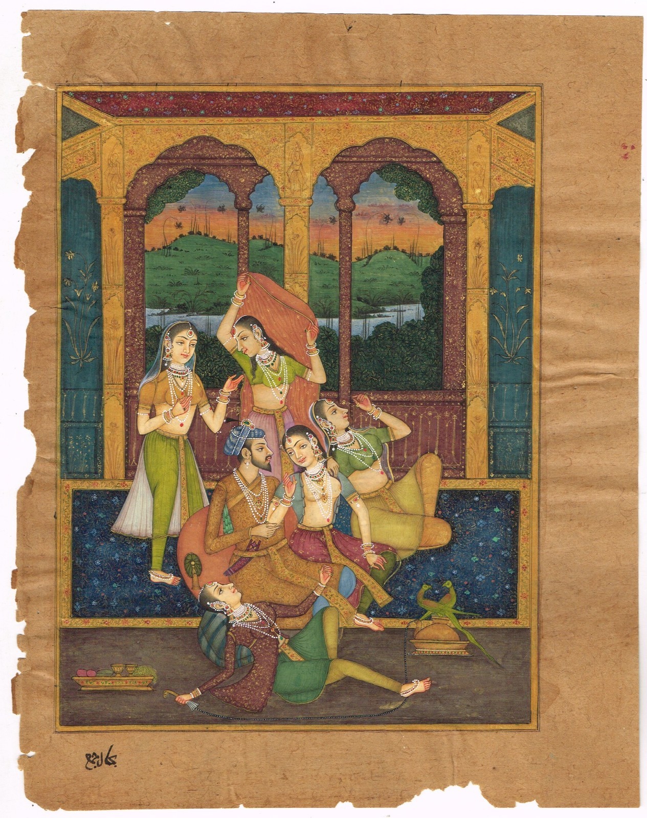 Mughal Miniature Painting Emperor Shahjahan & Empress Mumtaz in Love Scene Art