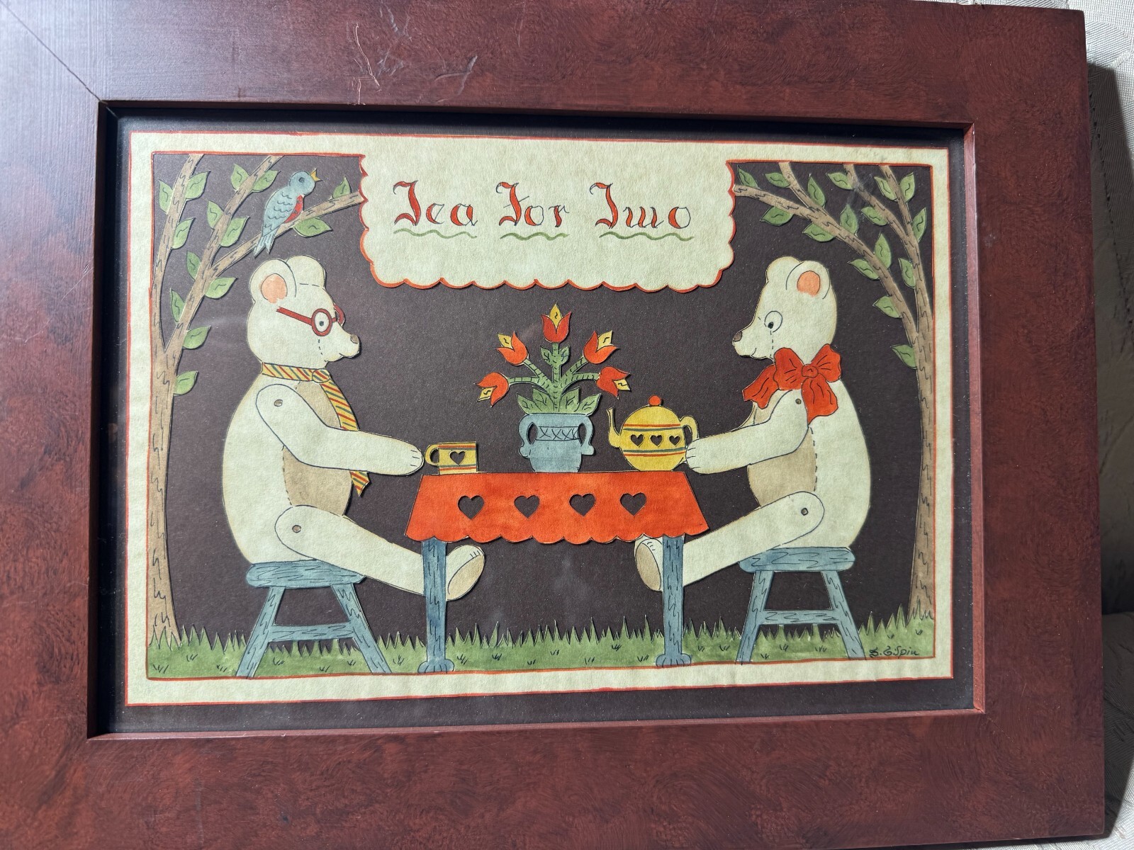 Sandra Gilpin Scherenschnitte «Tea For Two» Folk Art – Signed And Framed