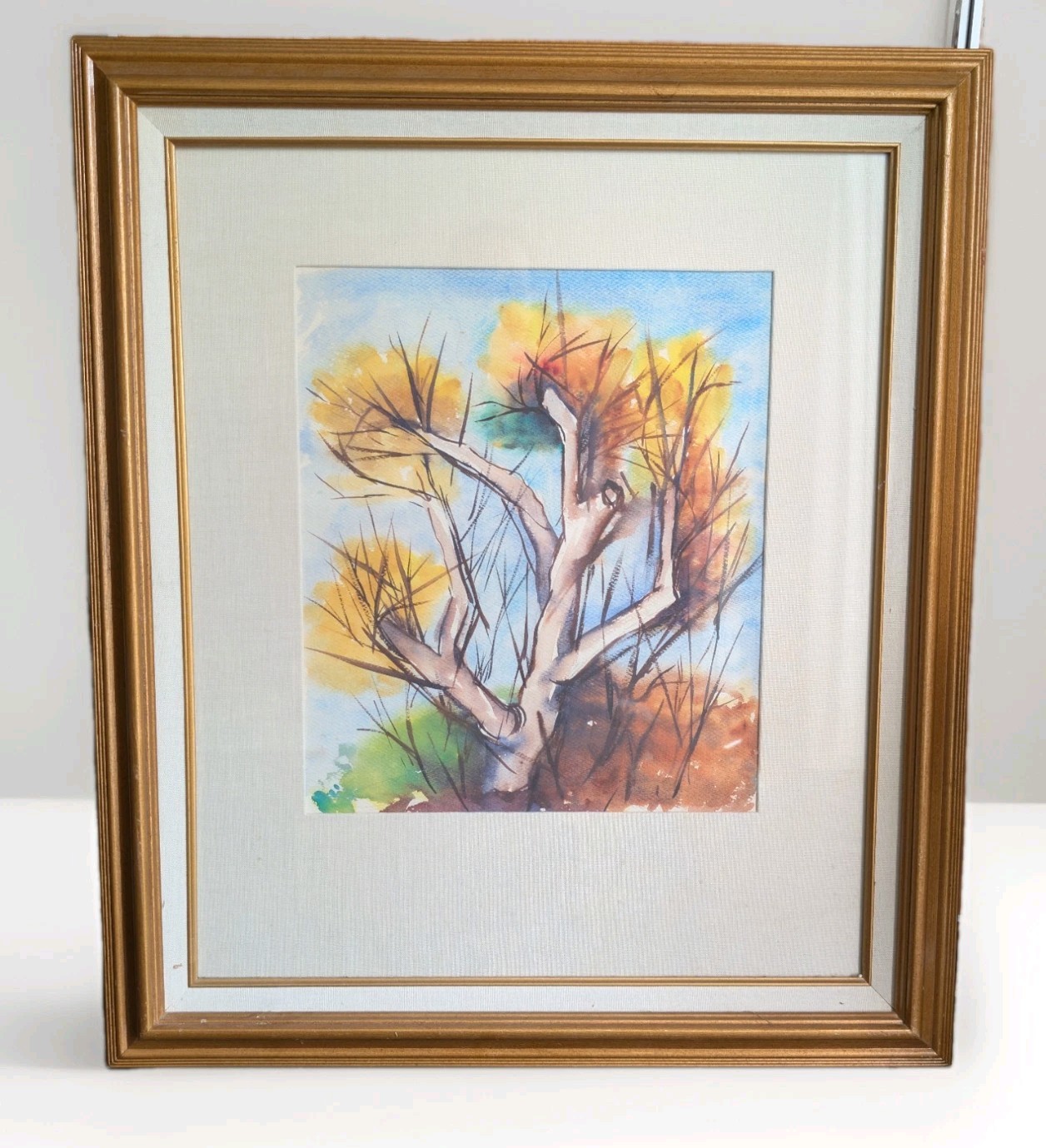 Original Vtg Framed 29″x25″ Watercolor Painting 🎨Abstract Autumn Tree Landscape