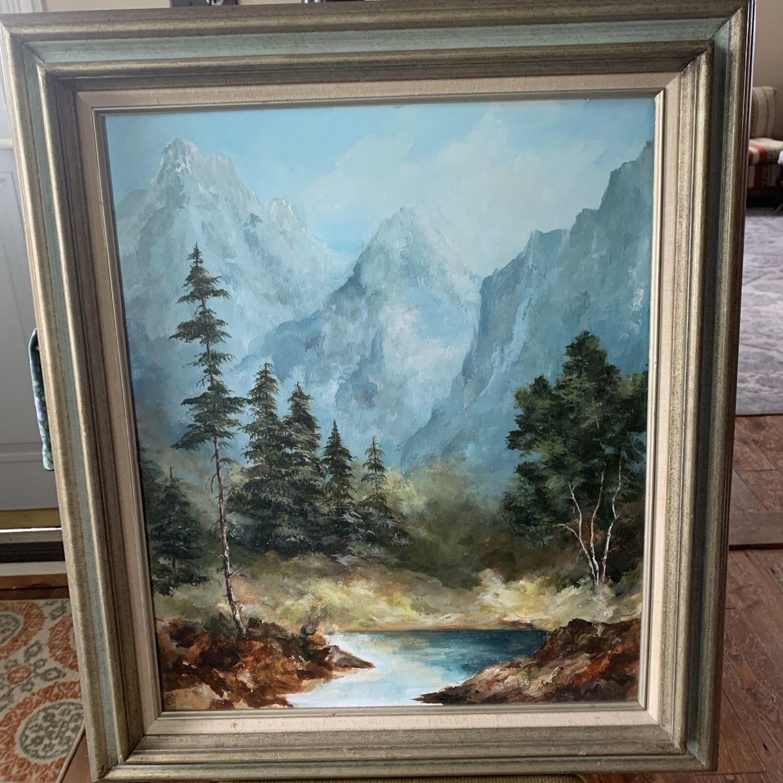 Vintage Rocky Mountain Oil Painting on board 31×27” Signed Jane Rocheleau