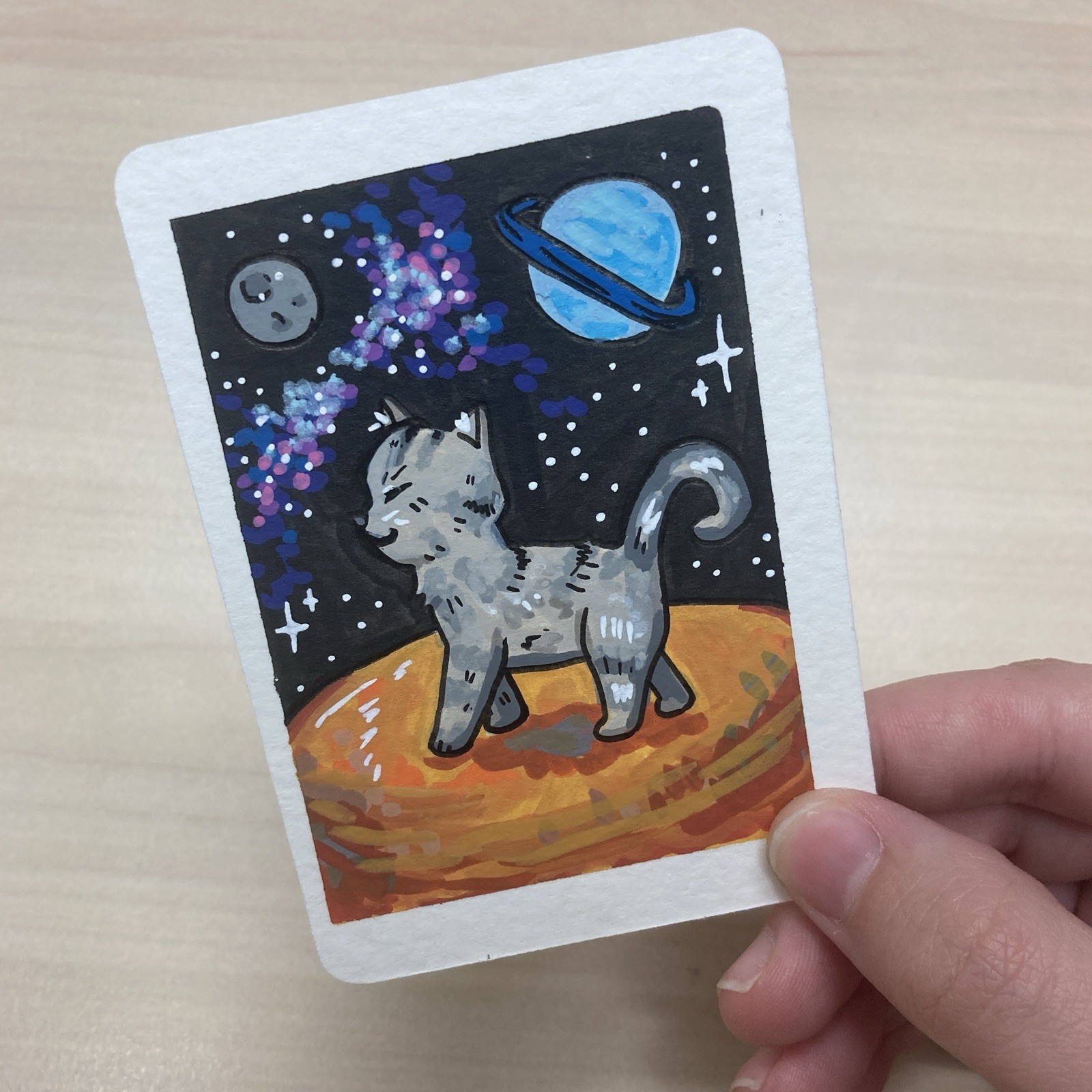 ACEO Original painting- Cats In Space (2/3)- Cute Acrylic Drawing