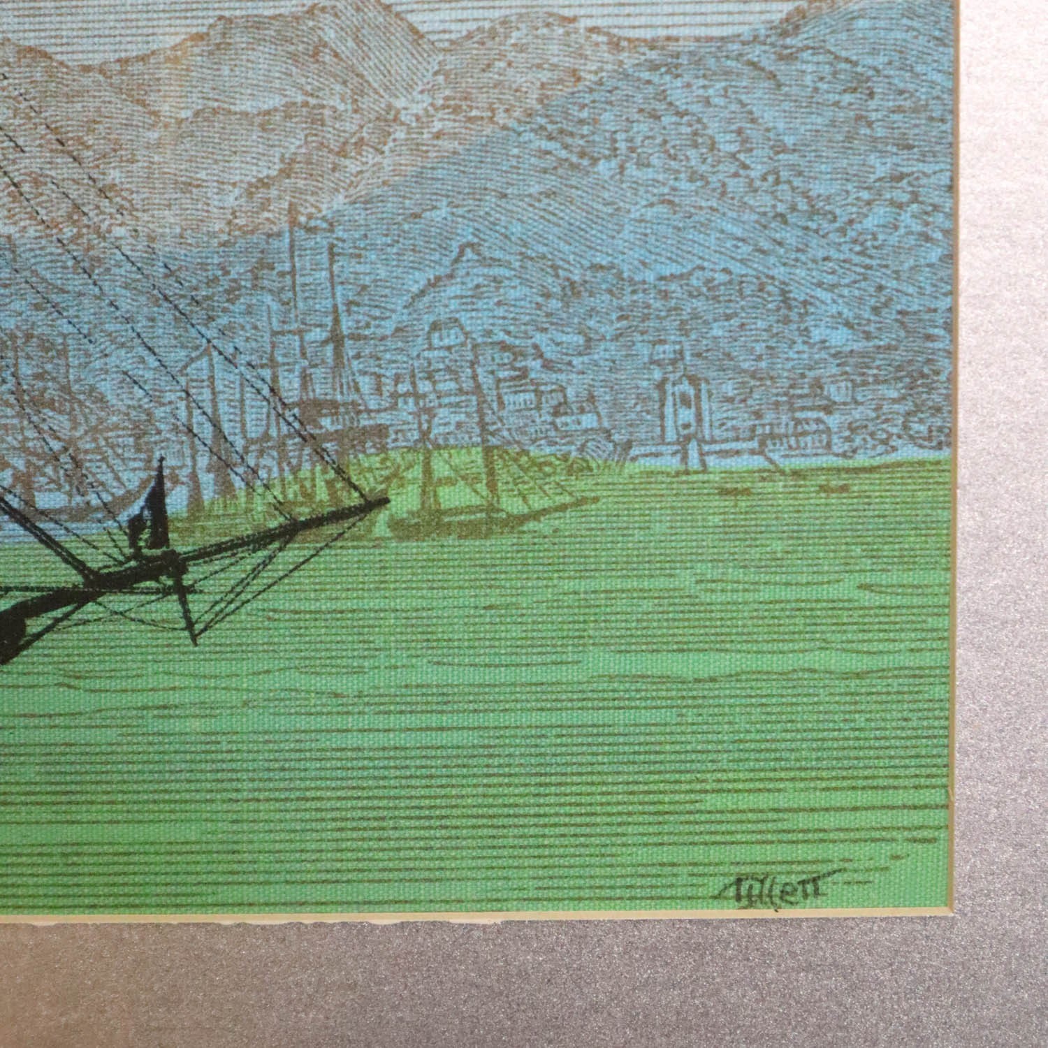Vtg Jim Tillett Silk Screen on Fabric Framed Art Signed Clipper Ship Seascape