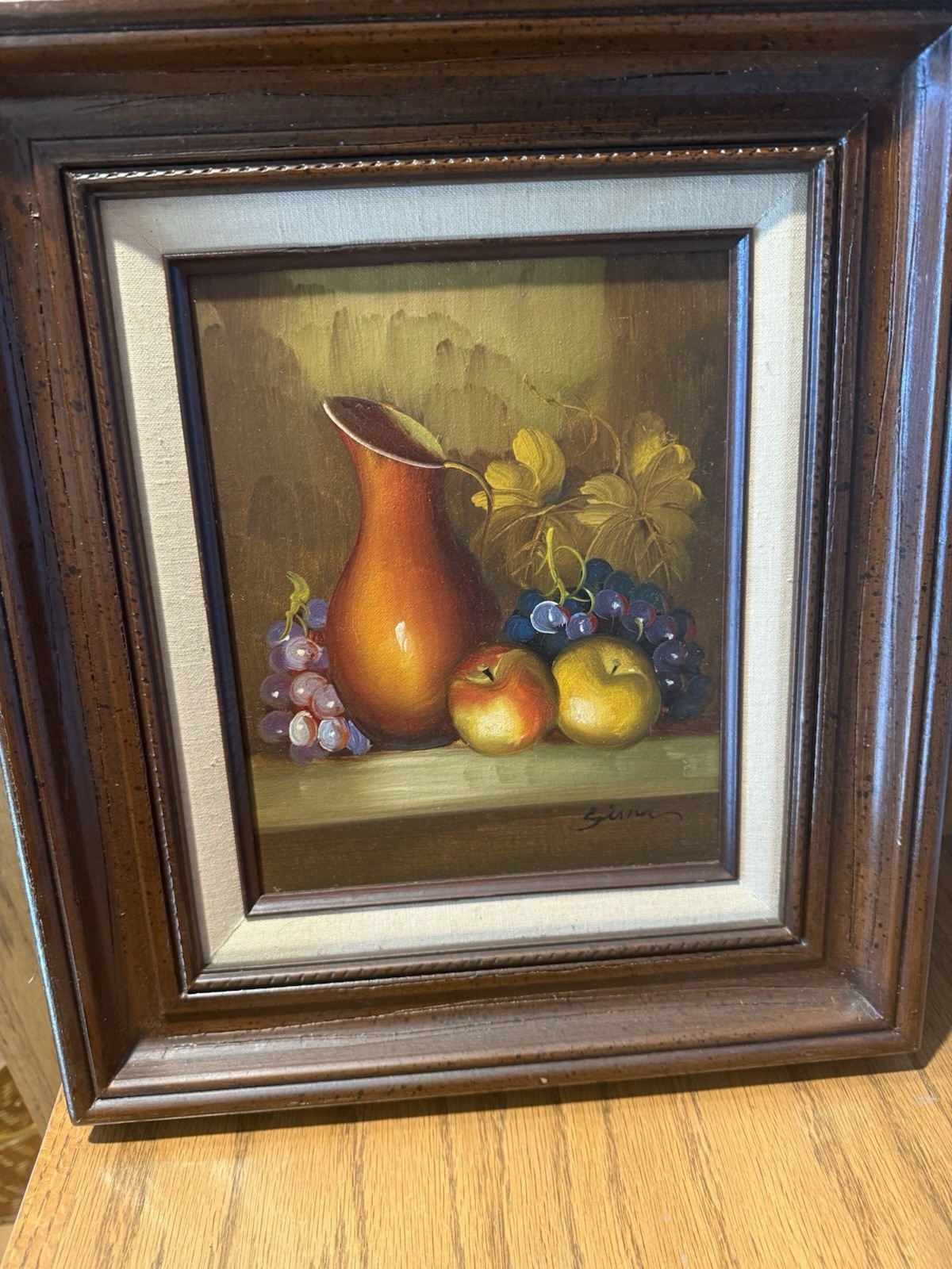 Vintage Oil Still Life Painting Signed By Artist Fruit & Pitcher Frame 16”x14”