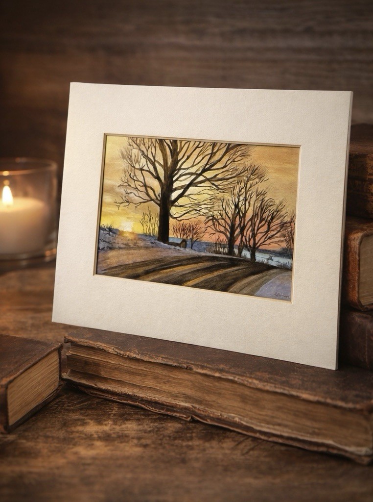 Winter Landscape Watercolor Painting Illegible Signature Matted 10×8 Sunset
