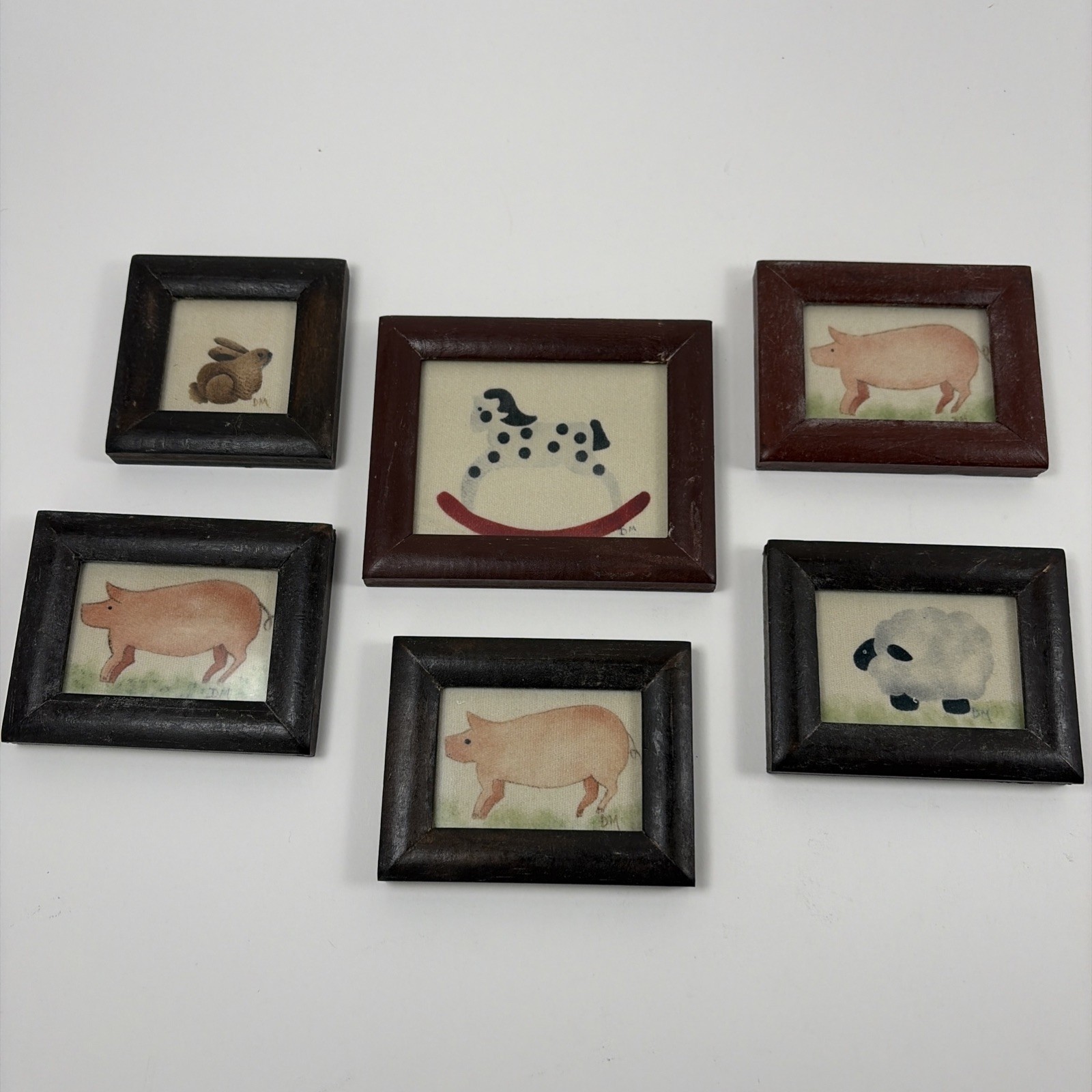 6 Miniature Folk Art Theorem Animal Paintings Signed DM Handmade Framed