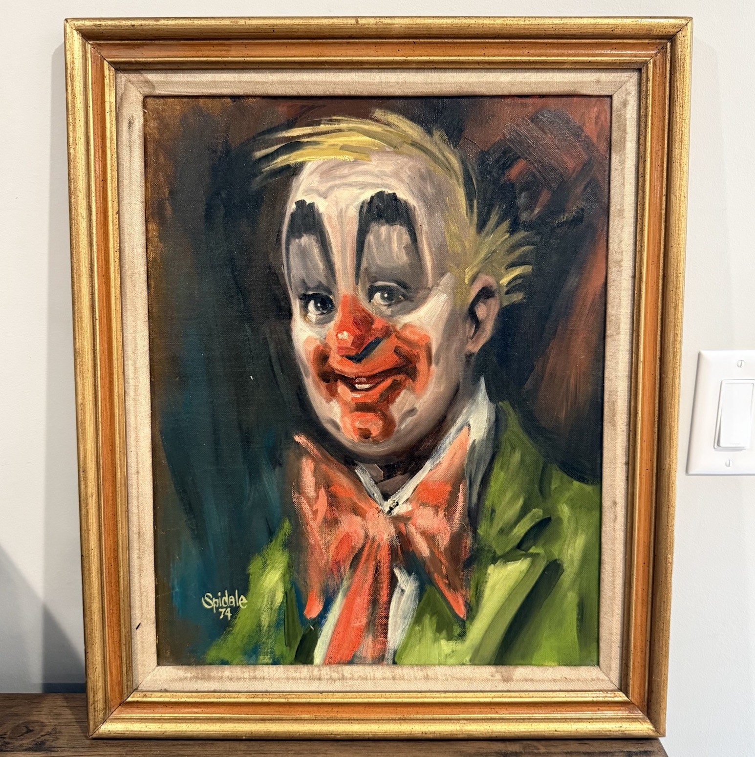 Vintage Clown Portrait Oil Painting Signed Spidale 1974 Framed Expressionist