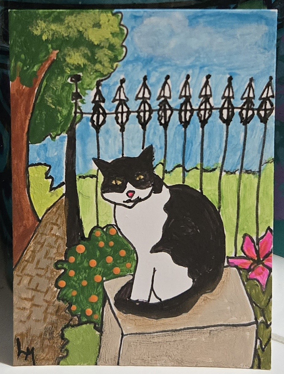 ACEO Original Painting Tuxedo Cat Park Flowers Trees by Backyard Jungle Art Mini