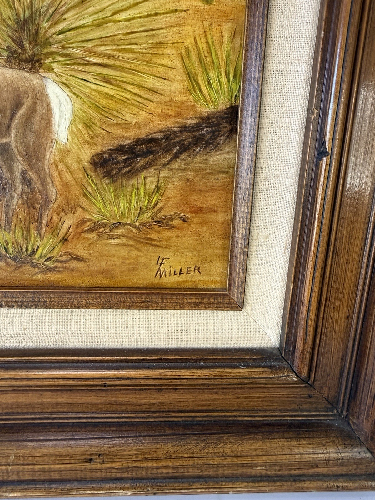 Vtg LF Miller Original Oil Painting Desert Mule Deer Yucca Saguaro