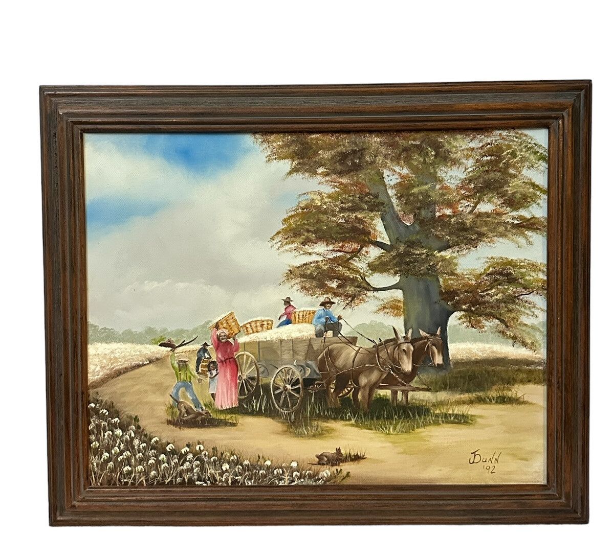 Original painting By J. Dunn Cotton Farm Donkey Wagon People Working 21.5×17.4”