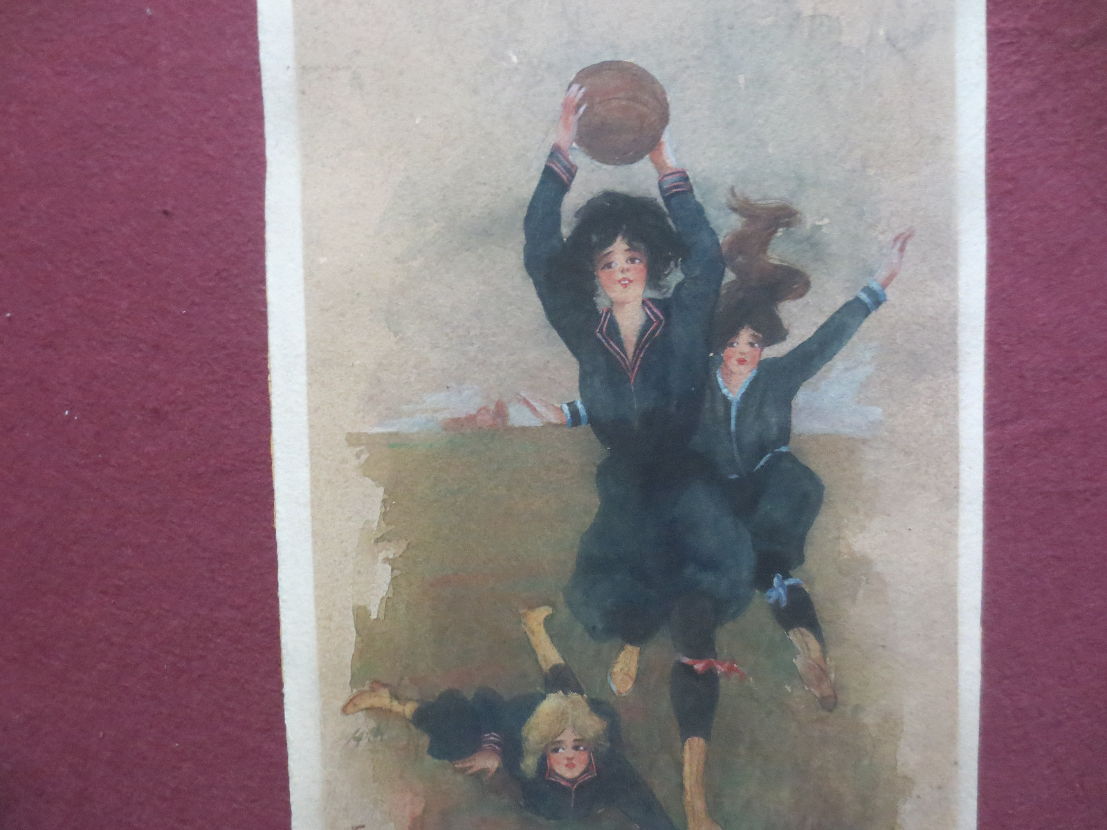 ORIGINAL SIGNED WATERCOLOR PAINTING «GIRLS PLAYING FOOTBALL/SOCCER» c1912 SPORTS