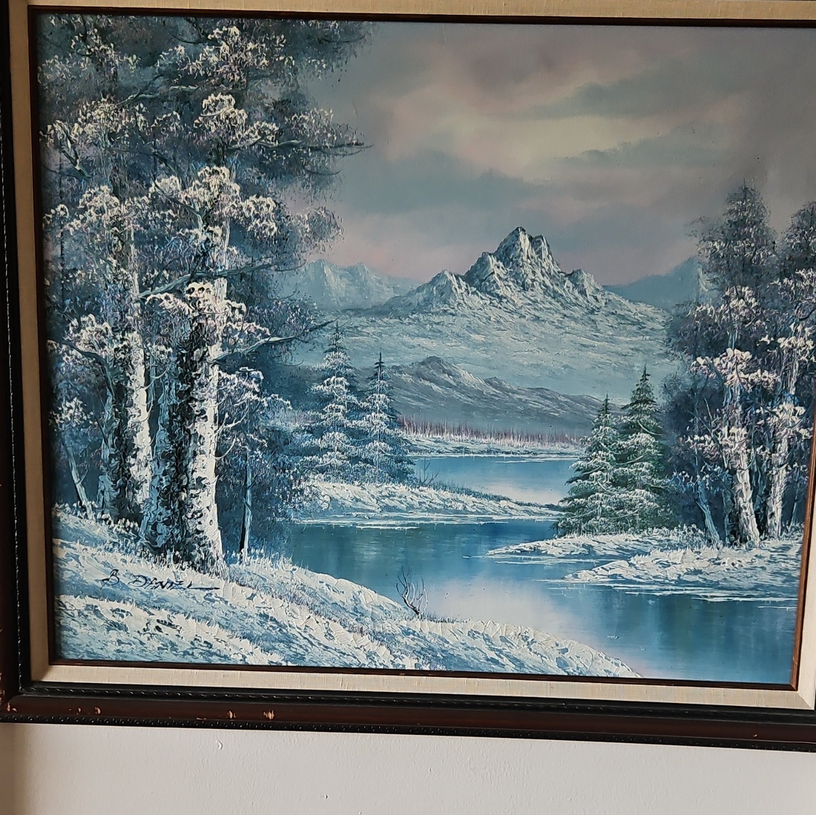 B. Divne Realism Winter Mountain Lake Landscape Canvas Painting Framed Signed