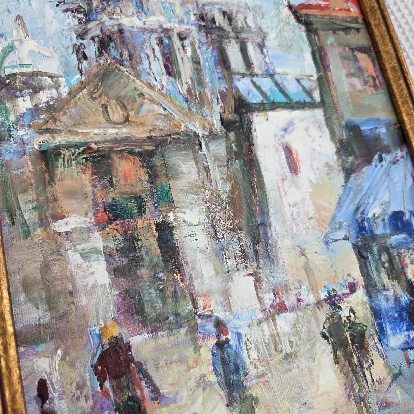 Vintage Abstract Original City Scape Blue Gold Oil Painting Art 10″ x 13″