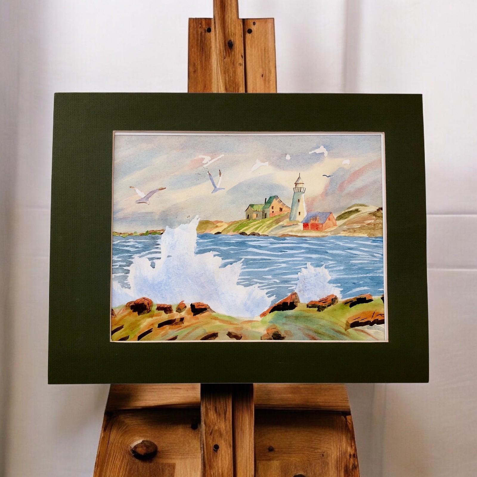New England Landscape Lighthouse Crashing Waves ￼￼Watercolor Painting 11 X 15