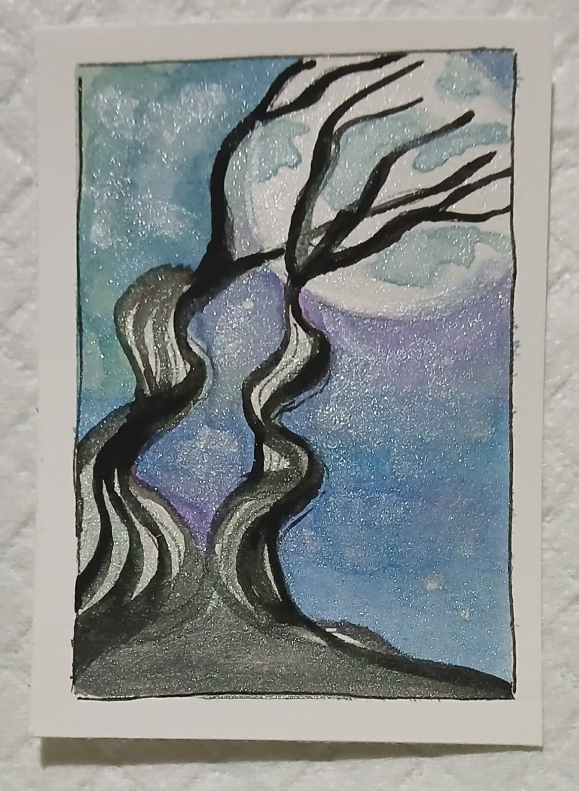 Dancing Trees in Moonlight — OOAK Watercolor Metallic ACEO by Virginia Abstract