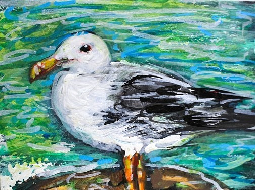 ORIGINAL ACEO Painting SEAGULL Beach Waves OCEAN BIRD Summer Shore Sea ATC ART