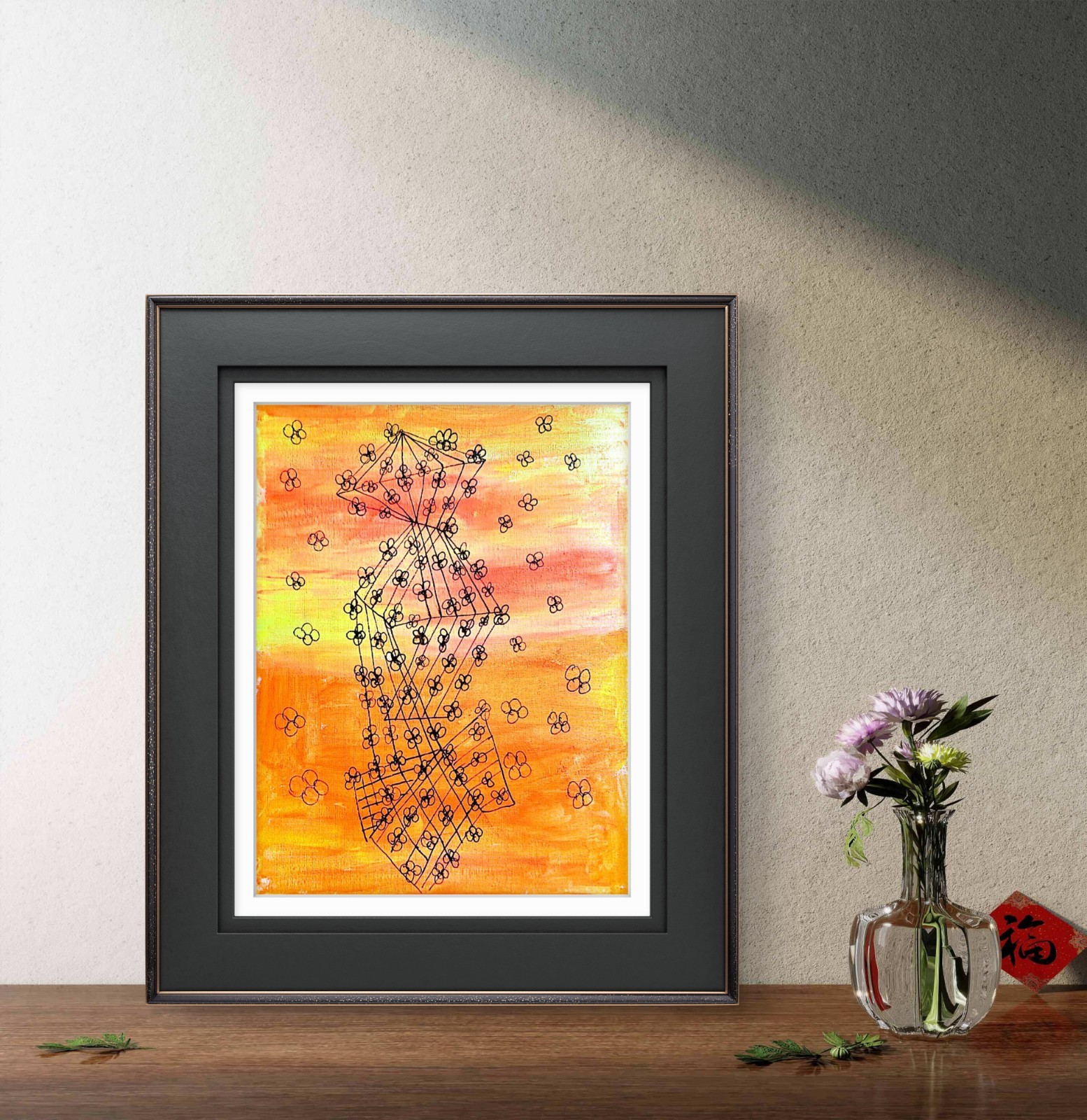 Abstract Geometric Floral Painting 11×14 Original Acrylic Line Art