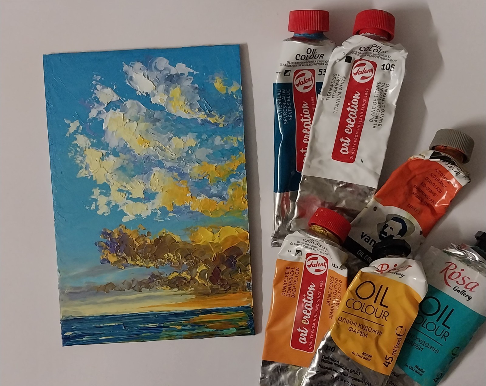 Framed Sunset Seascape Clouds Over Sea 4×6″ Original Oil Painting Impasto Art