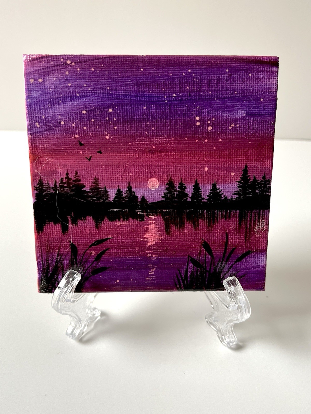 Mini 4×4” Purple Moonlight Landscape Acrylic Canvas Panel w/Display Easel