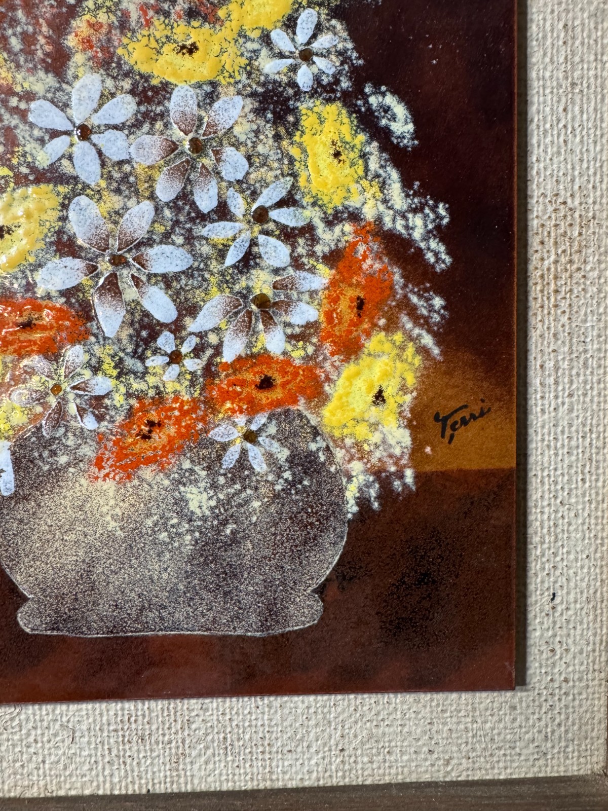 Terri Oullette «A Floral Scene» Enamel On Copper Painting – Signed And Framed