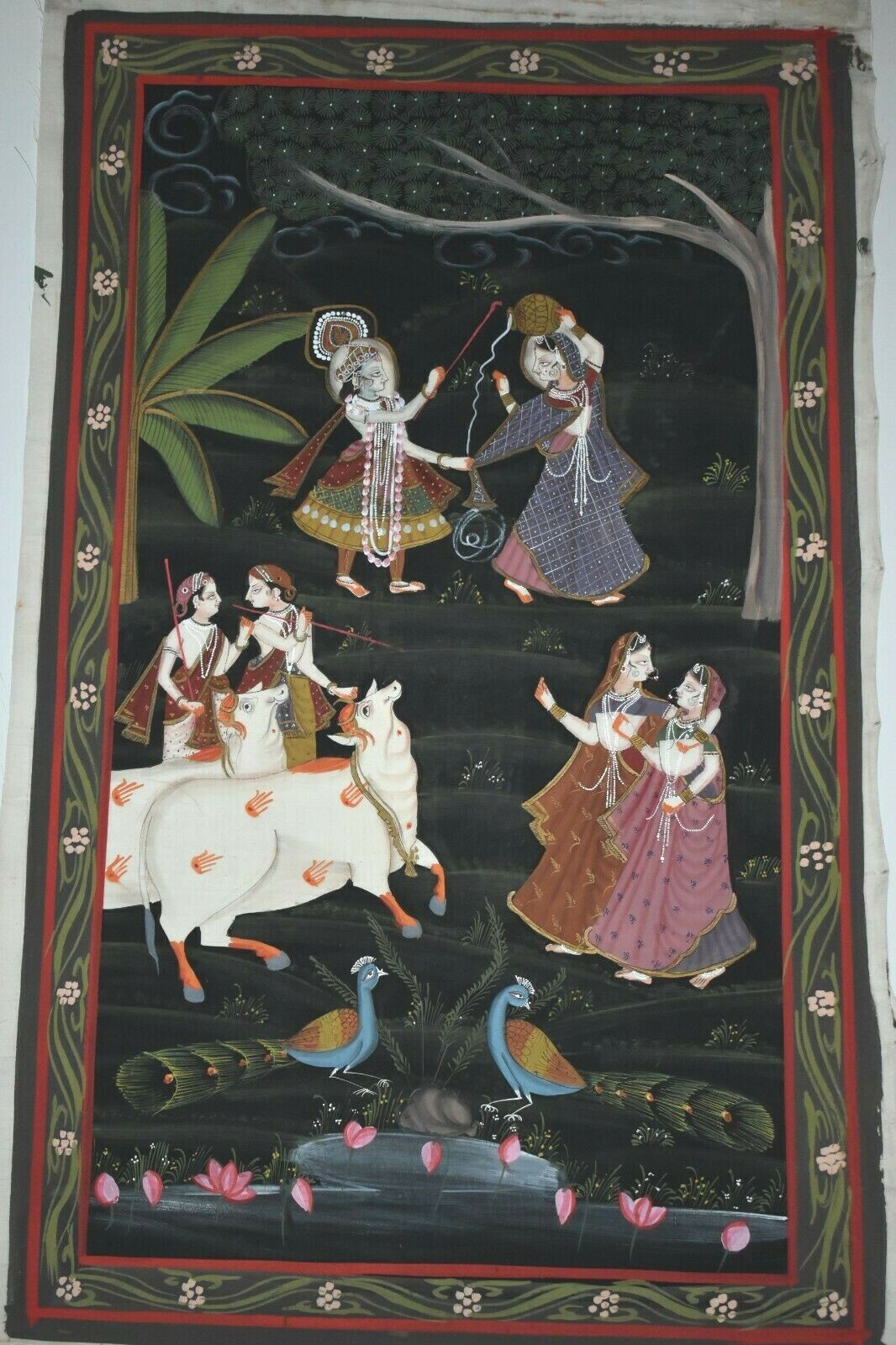 Vintage HINDU Painting on Silk Mystery Artist Unframed 20.5″W x 33″H