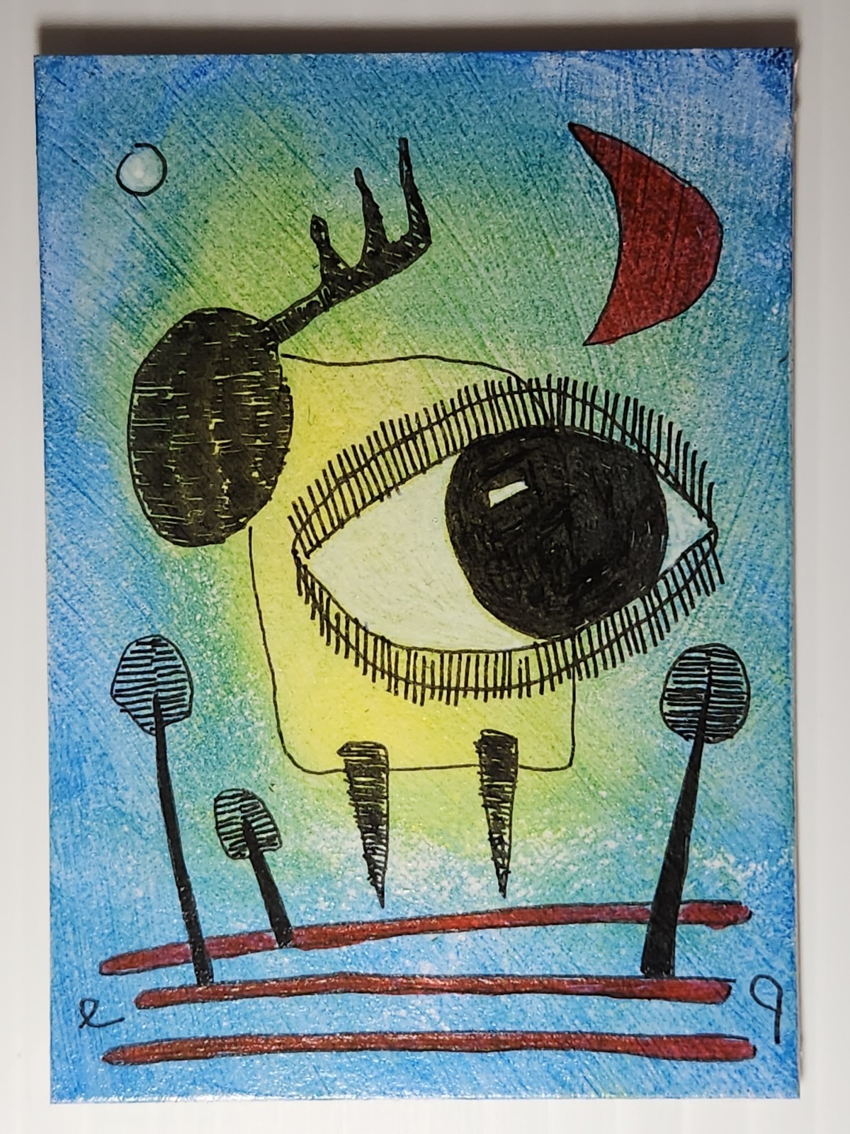 e9Art ACEO deer watching at night outsider art brut naive