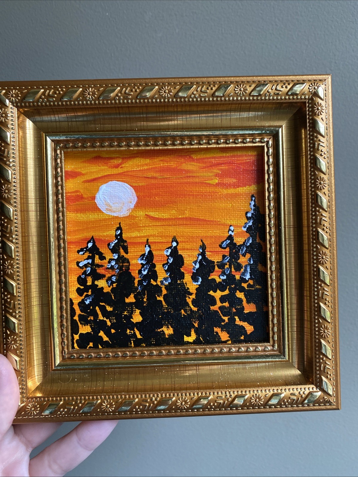 Sunset Sunrise Moon Forest,Original Acrylic Painting On Canvas Panel,4/4 Framed