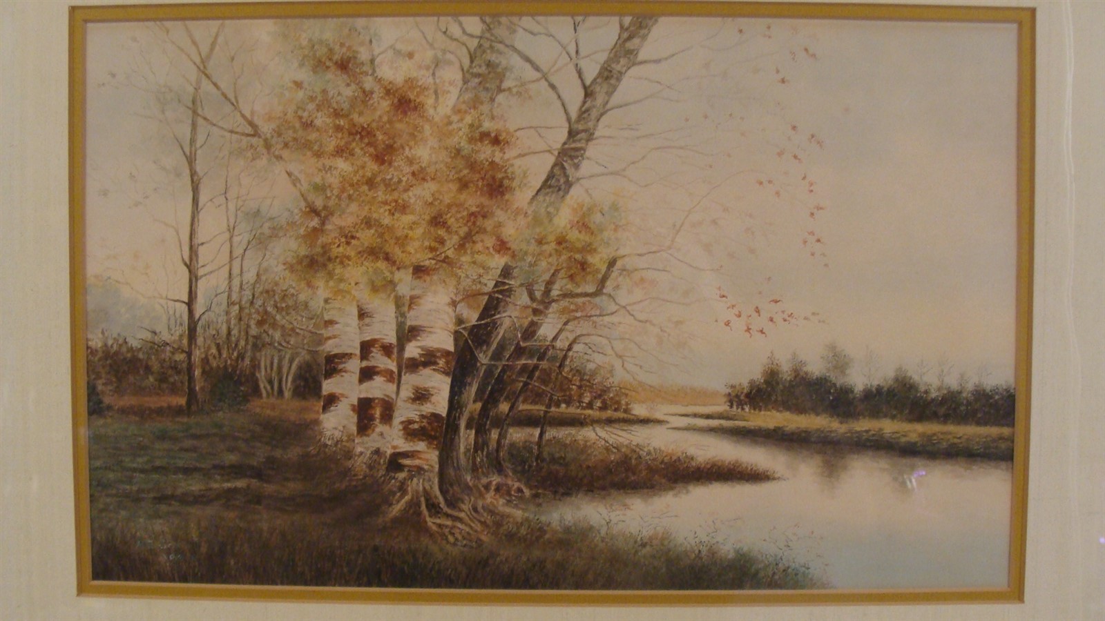 Antique 1904 A Joy Birches Trees River Autumn Landscape w/c Painting