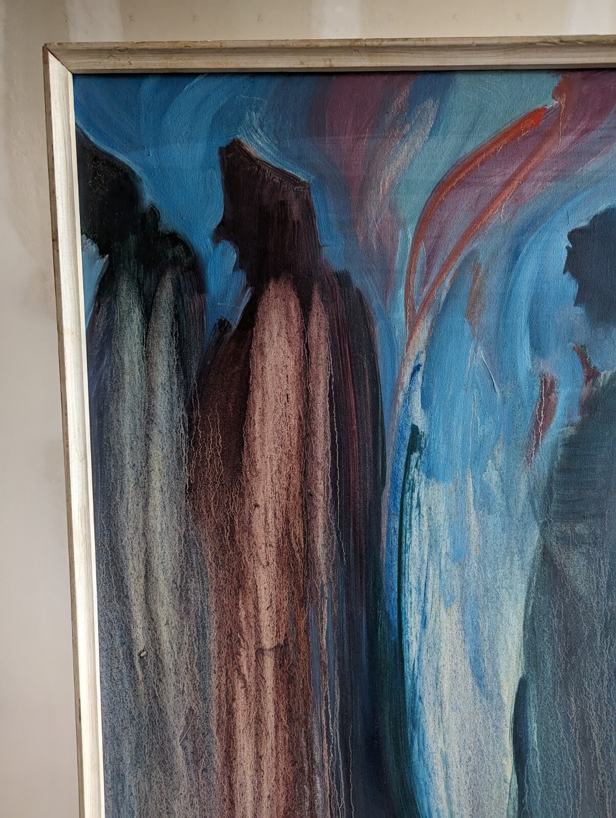 Large 4′ midcentury abstract surrealist Howard Connolly painting blue figures