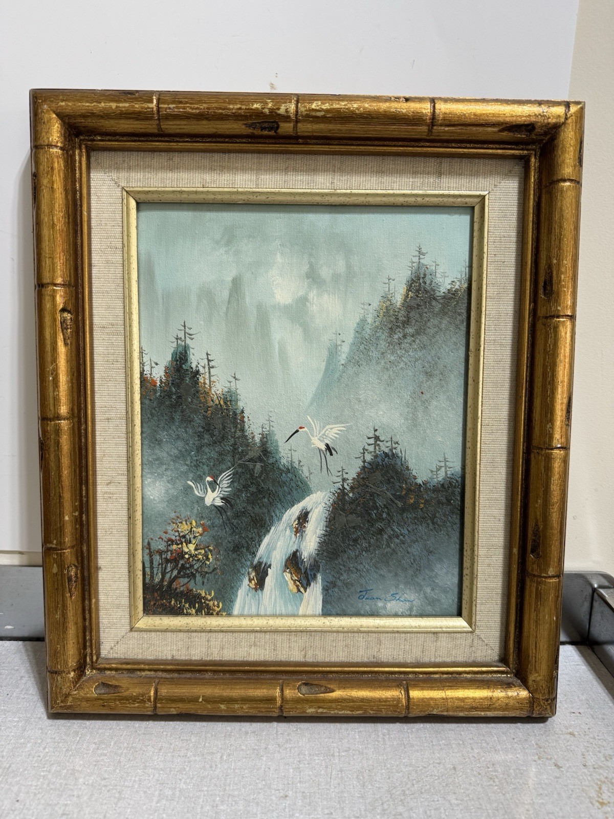 Vintage MCM Signed Asian Style Oil Painting Flying Cranes Waterfall Jean Shaw