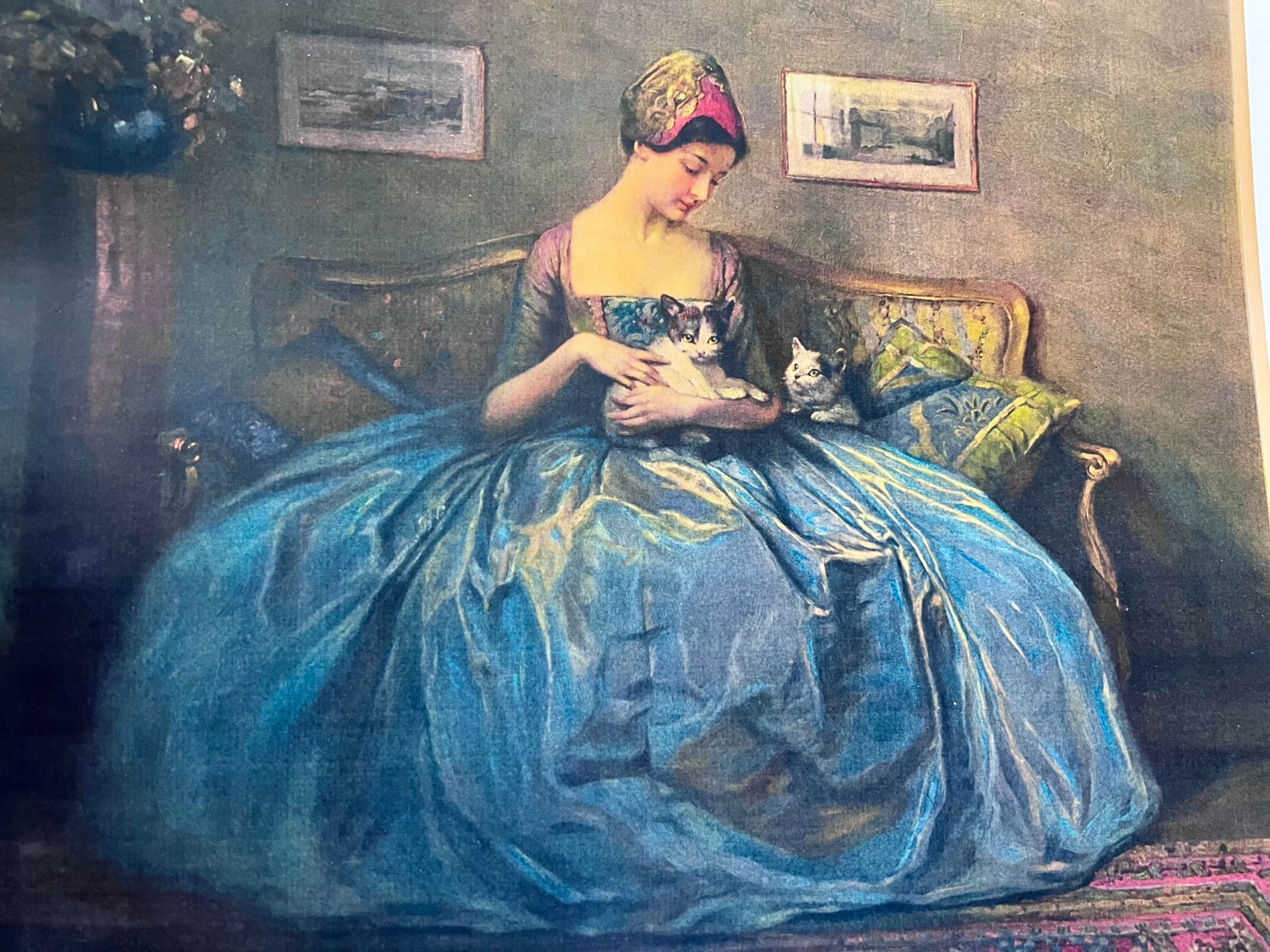 An antique painting from 1900. Lithograph, under glass. Made in Europe.