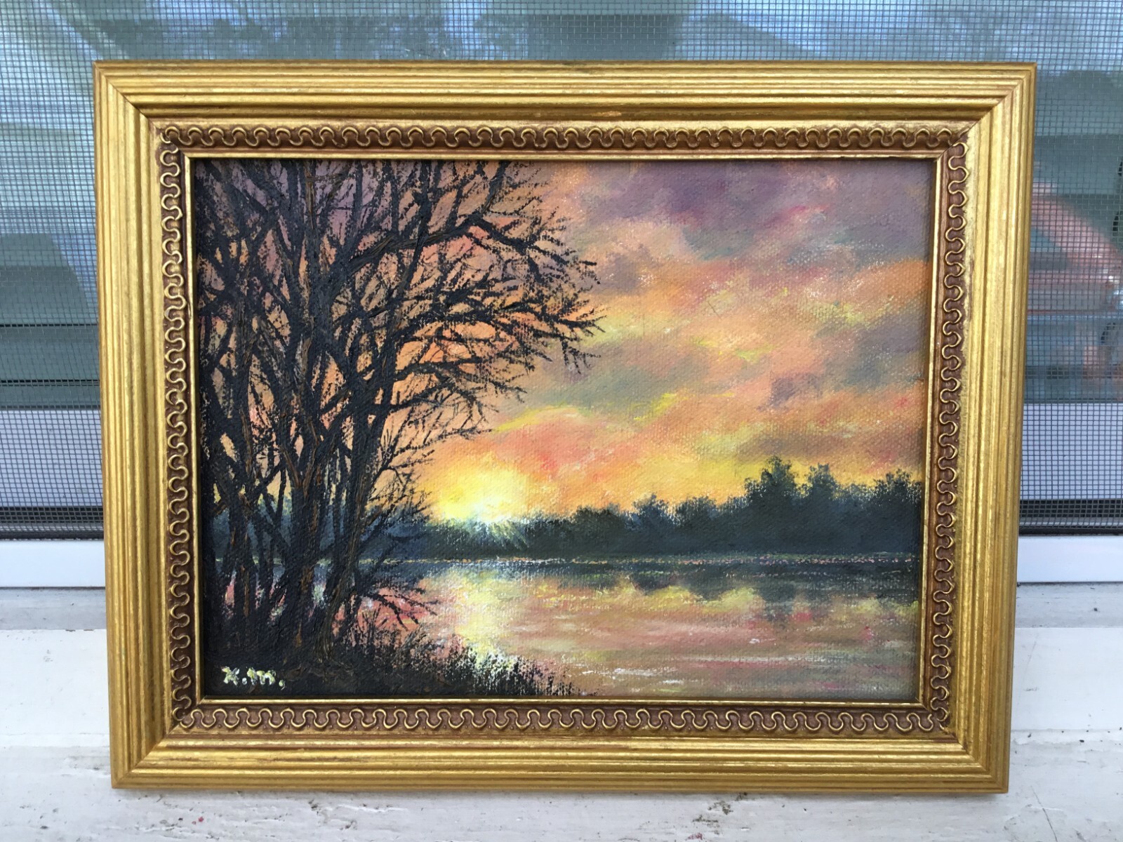SUNRISE ON THE RIVER – original framed oil landscape painting on 6X8 inch canvas
