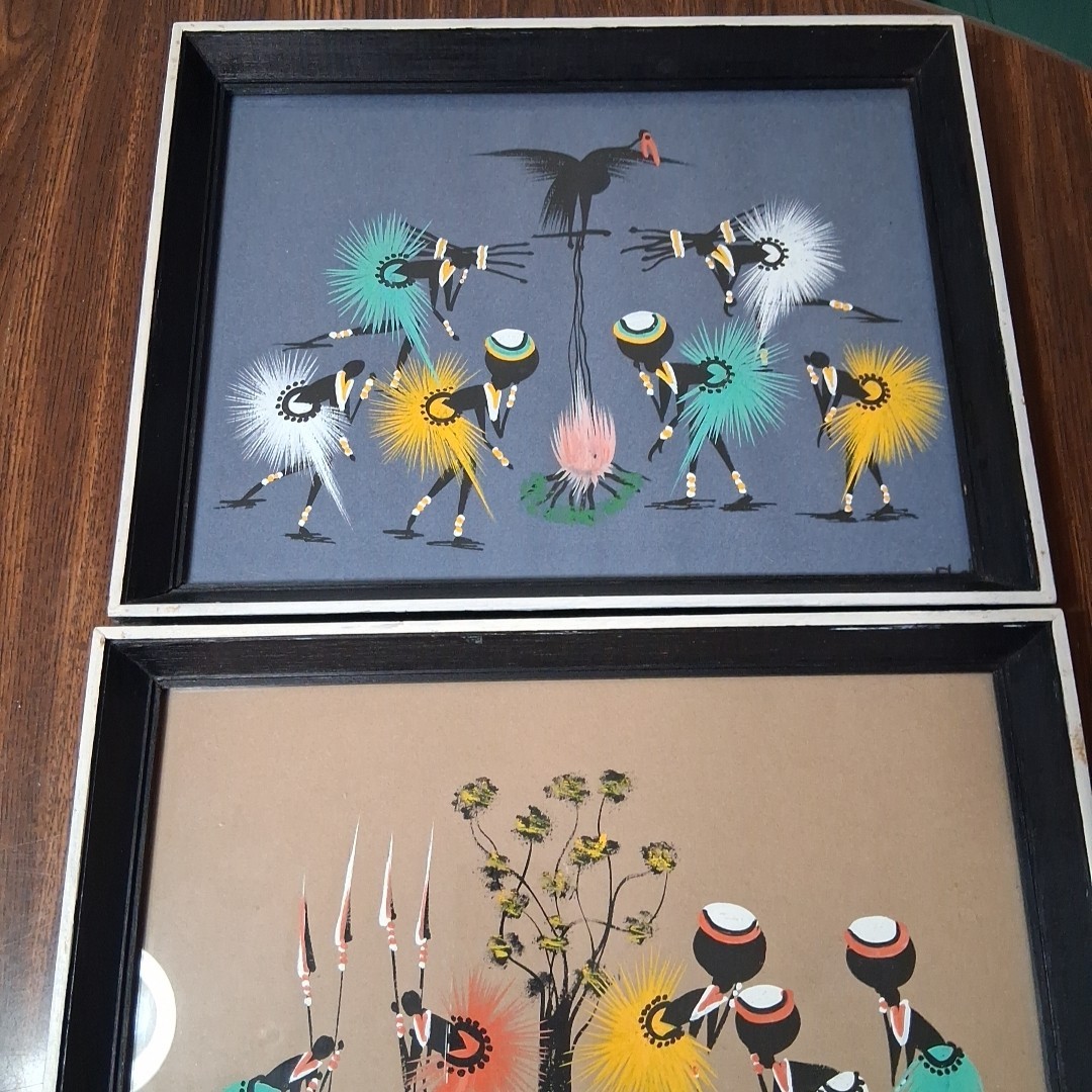 VTG 1950s Framed African Tribal Art Gouache Warrior Painting 3 Pc Signed 13½X10½