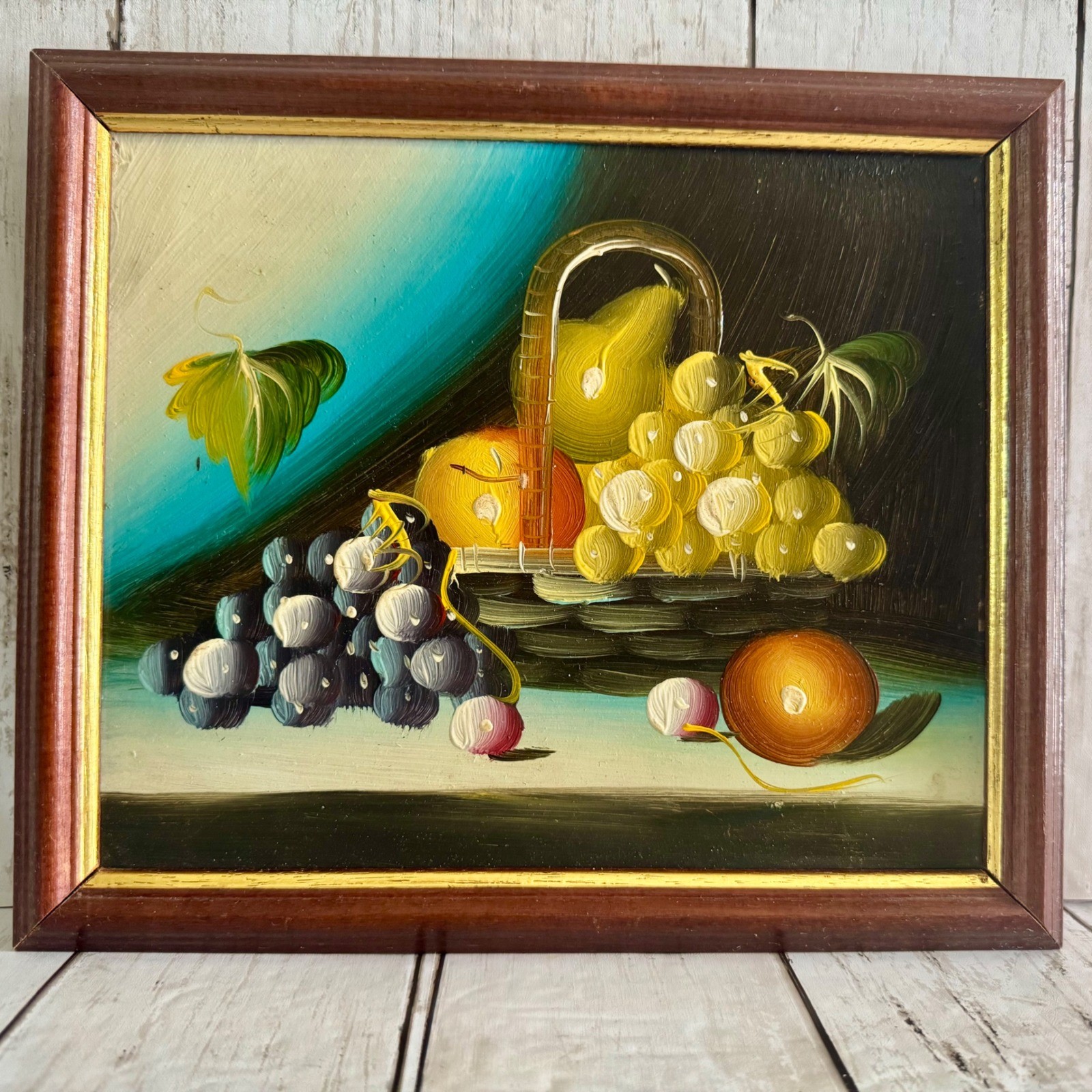 Vintage Still Life Oil Painting Fruit Basket Grapes Pear Framed Wall Art Teal