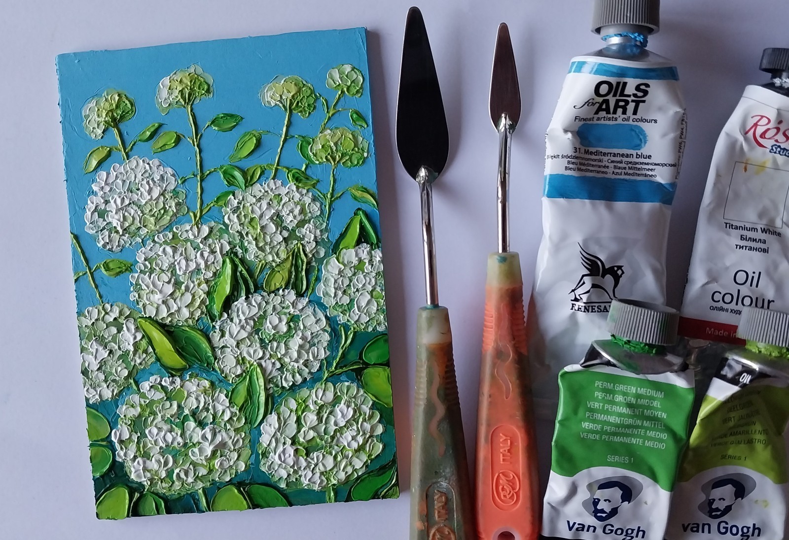 Framed White Hydrangea Blossoms Flowers Art 4×6” Impasto Oil Painting Original