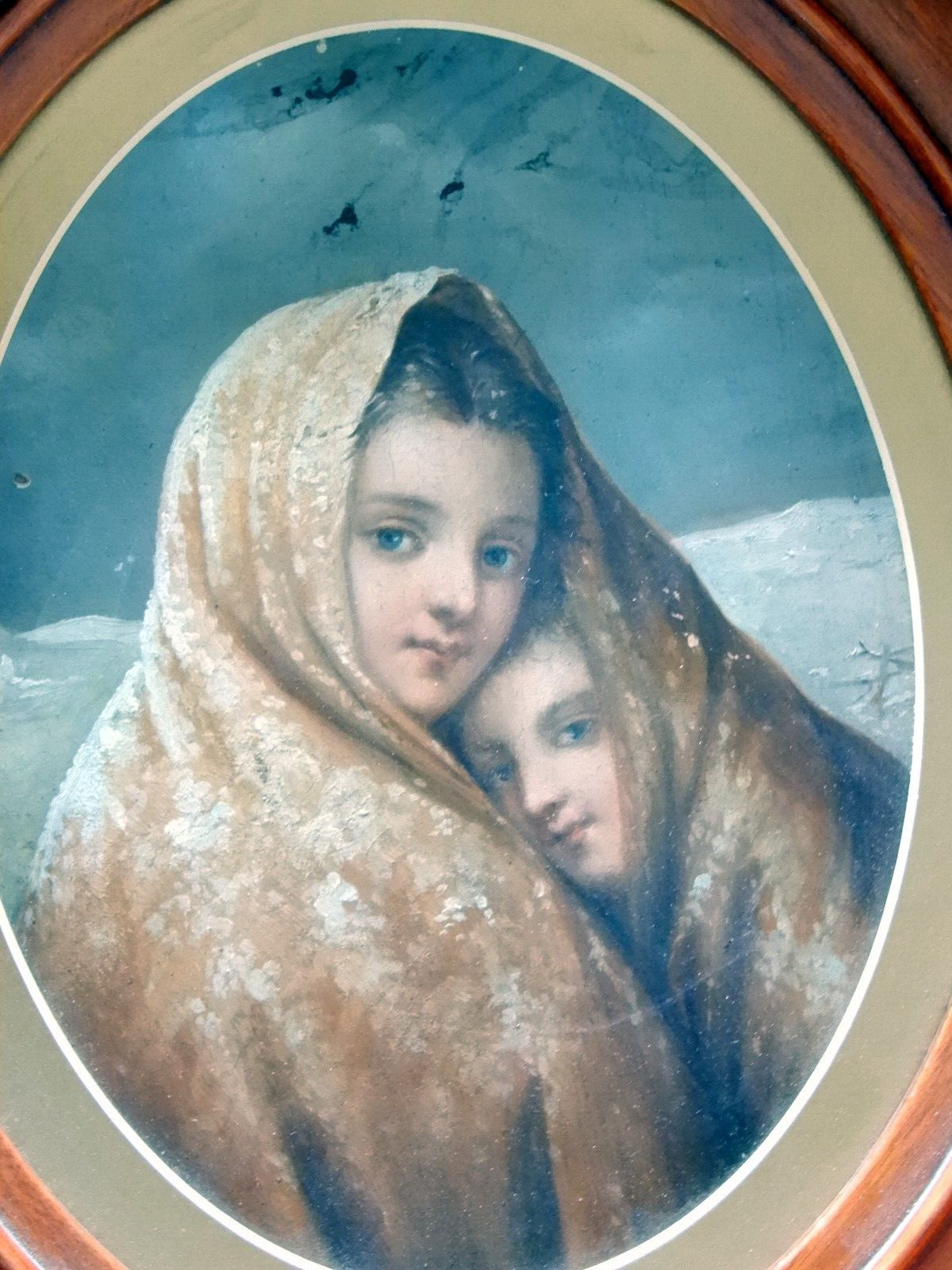 Antique Oil on Domed Plaster Portrait of Two Girls, oval wood frame 11″ x 13″