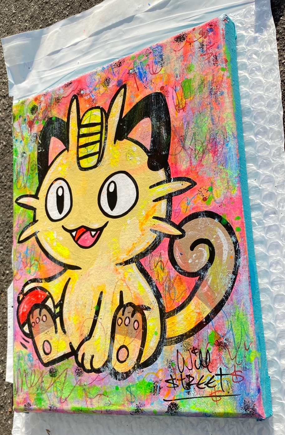 WILL STREET original 10×8 canvas painting/ Pokémon art meowth banksy pikachu