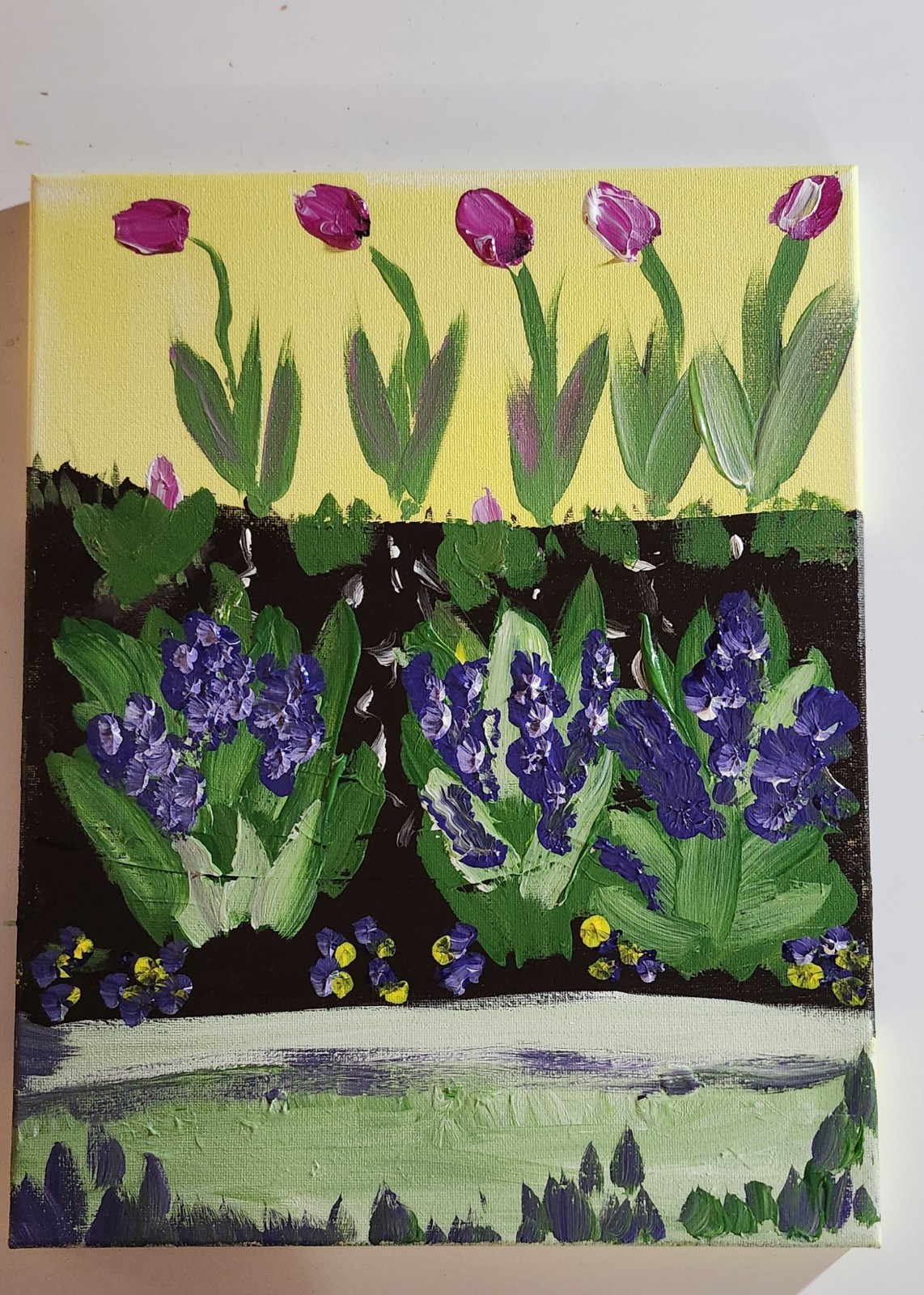 Spring Tulip Garden Painting 11×14 Original Acrylic Floral Art Hyacinth Pansies