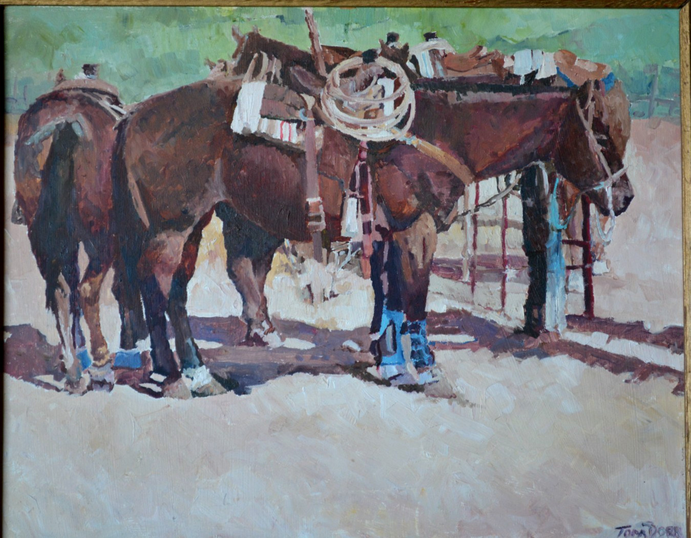 Horses tied up, but packed to go, oil on board by western artist Tom Dorr