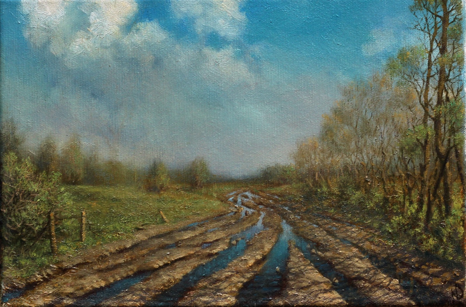 Original Oil Painting Spring Landscape Canvas Countryside Road Clouds Wall Art