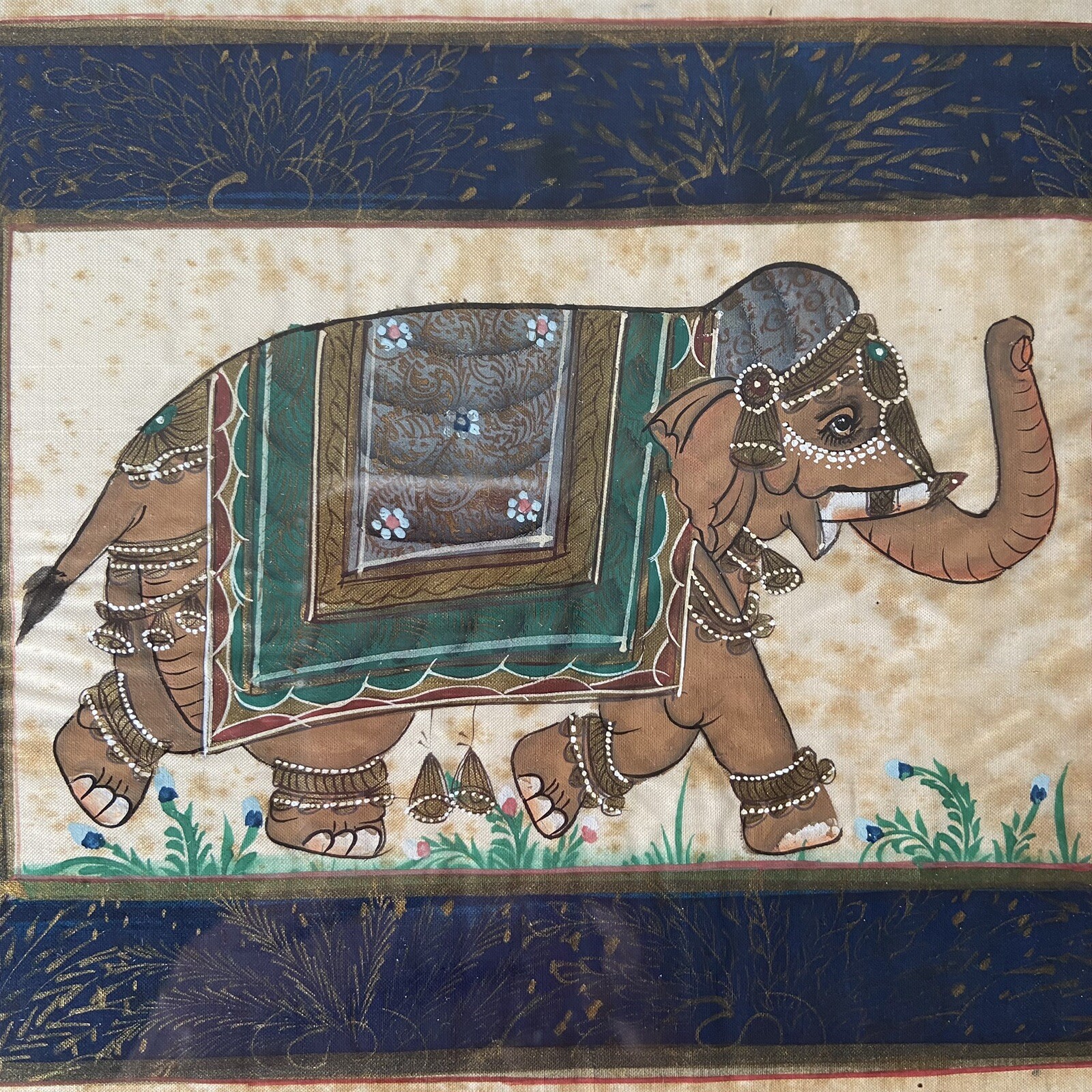 Vintage India Elephant Trunk Up Original Silk Painting on Fabric Hand Painted