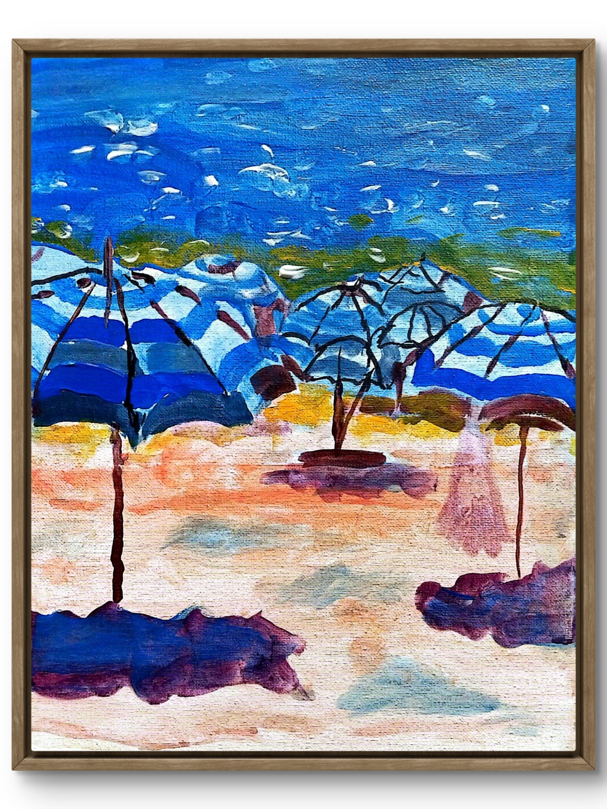 Beach Umbrellas Modern Original Signed Canvas Acrylic Wall Art 11×14 Home Decor