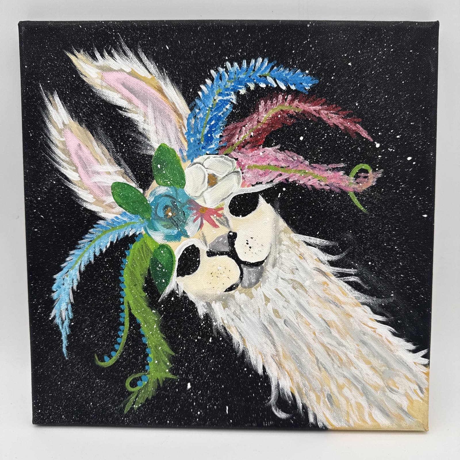 Hand Painted Llama Canvas Art 12×12 Floral Crown Wall Decor Cute Animal