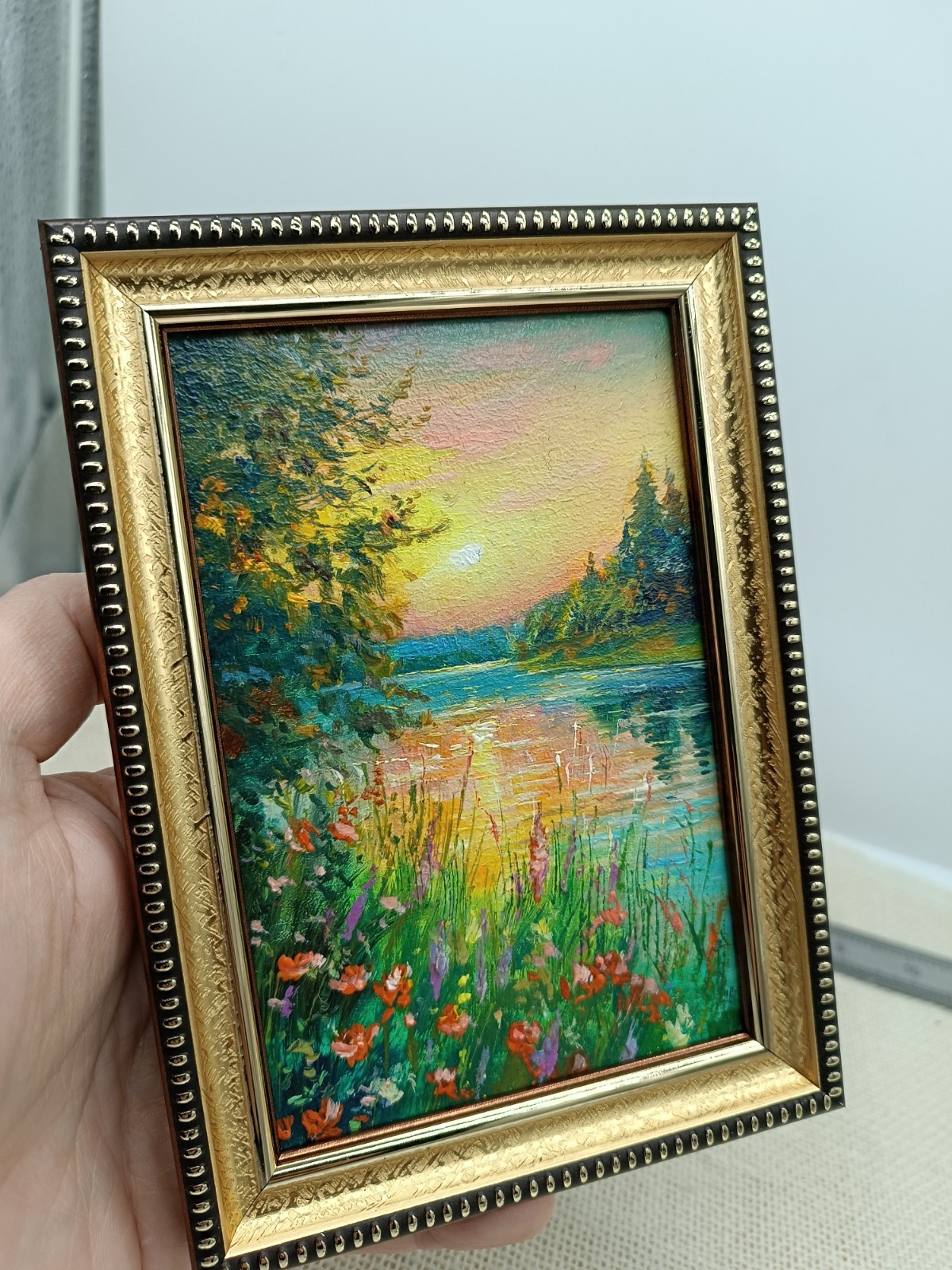Summer nature Oil painting Original art Country Landscape Flower meadow 4 x 6 in