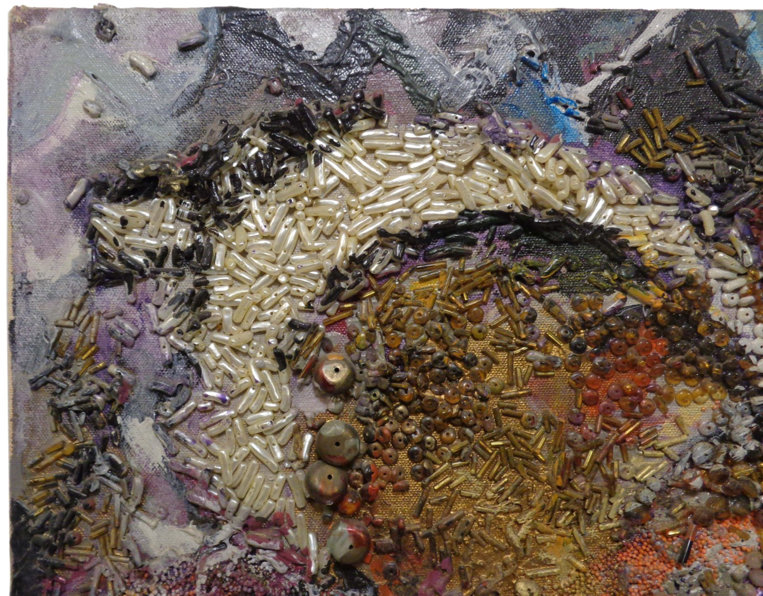 PADA, 1986 ‘DUST & SHADOW’ VINT SIGNED PAINTED/BEADED ABSTRACT COLLAGE on CANVAS