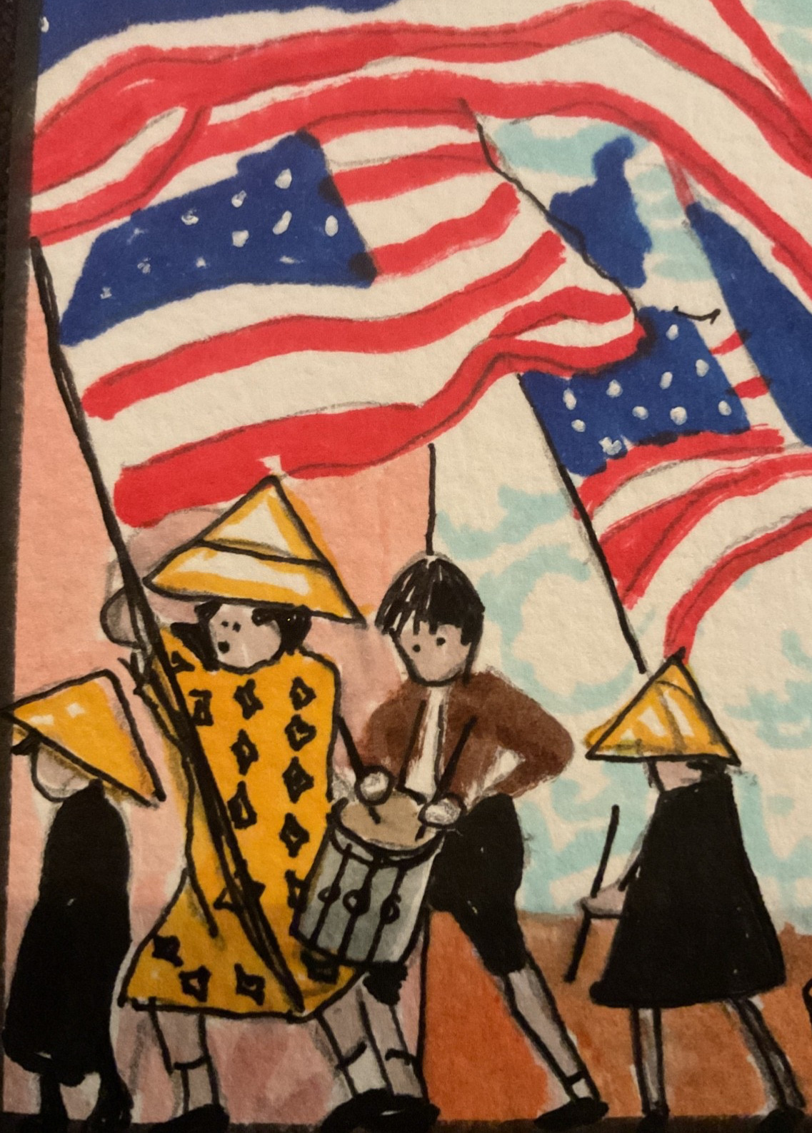 ACEO watercolor art by PJ, art card 2.5 x 3.5: mayfield Parrish style patriots.