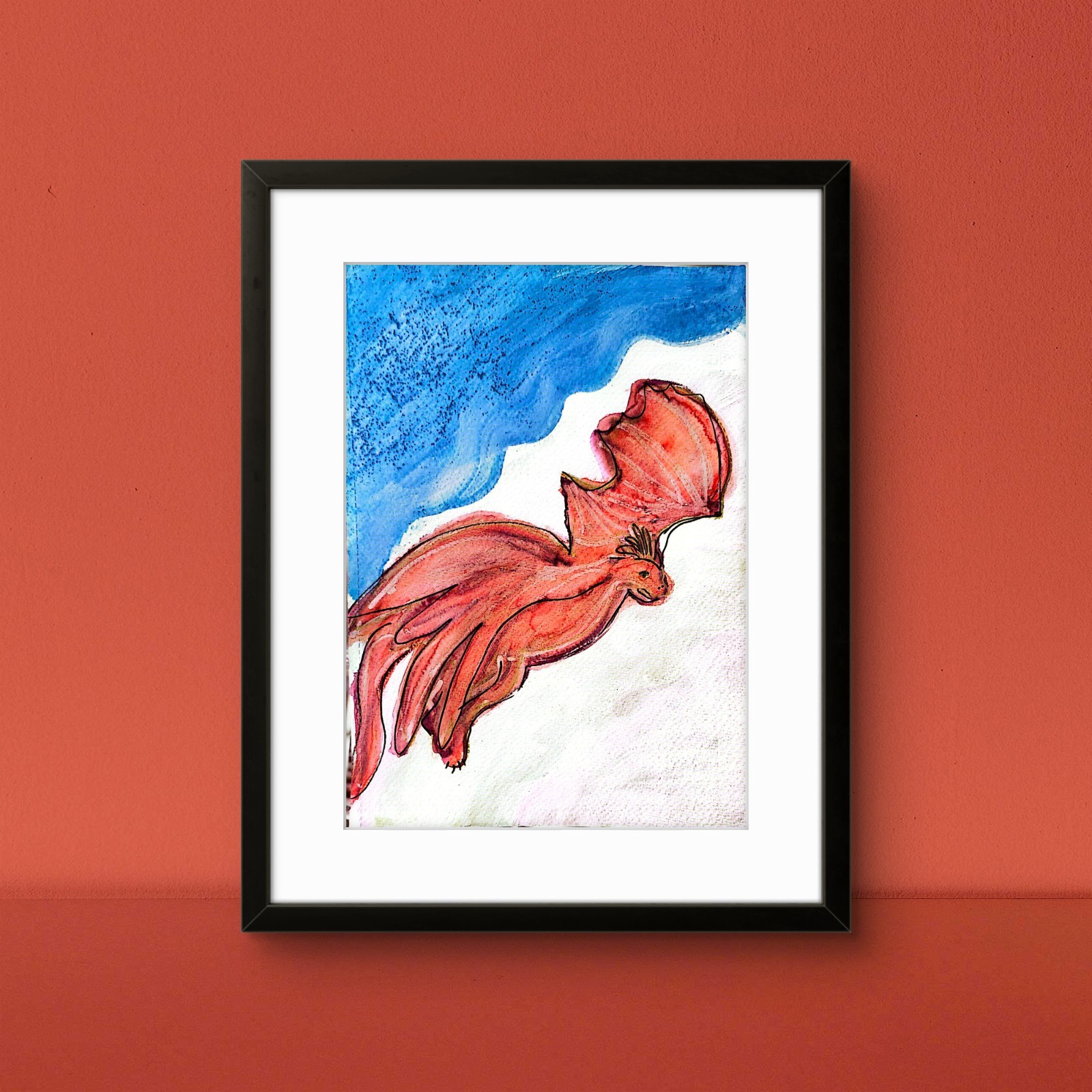 Red Winged Dragon Contemporary Expressionist Original 7×10 Watercolor Painting