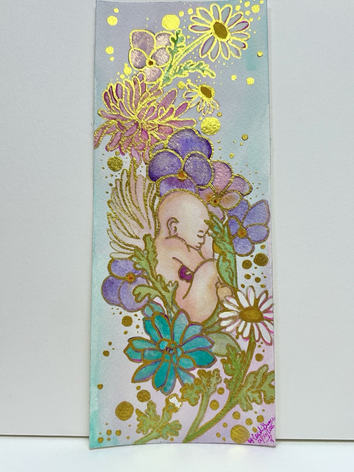 Watercolor Angel Baby Memorial Art Original Shimmer Gold Bereavement Painting