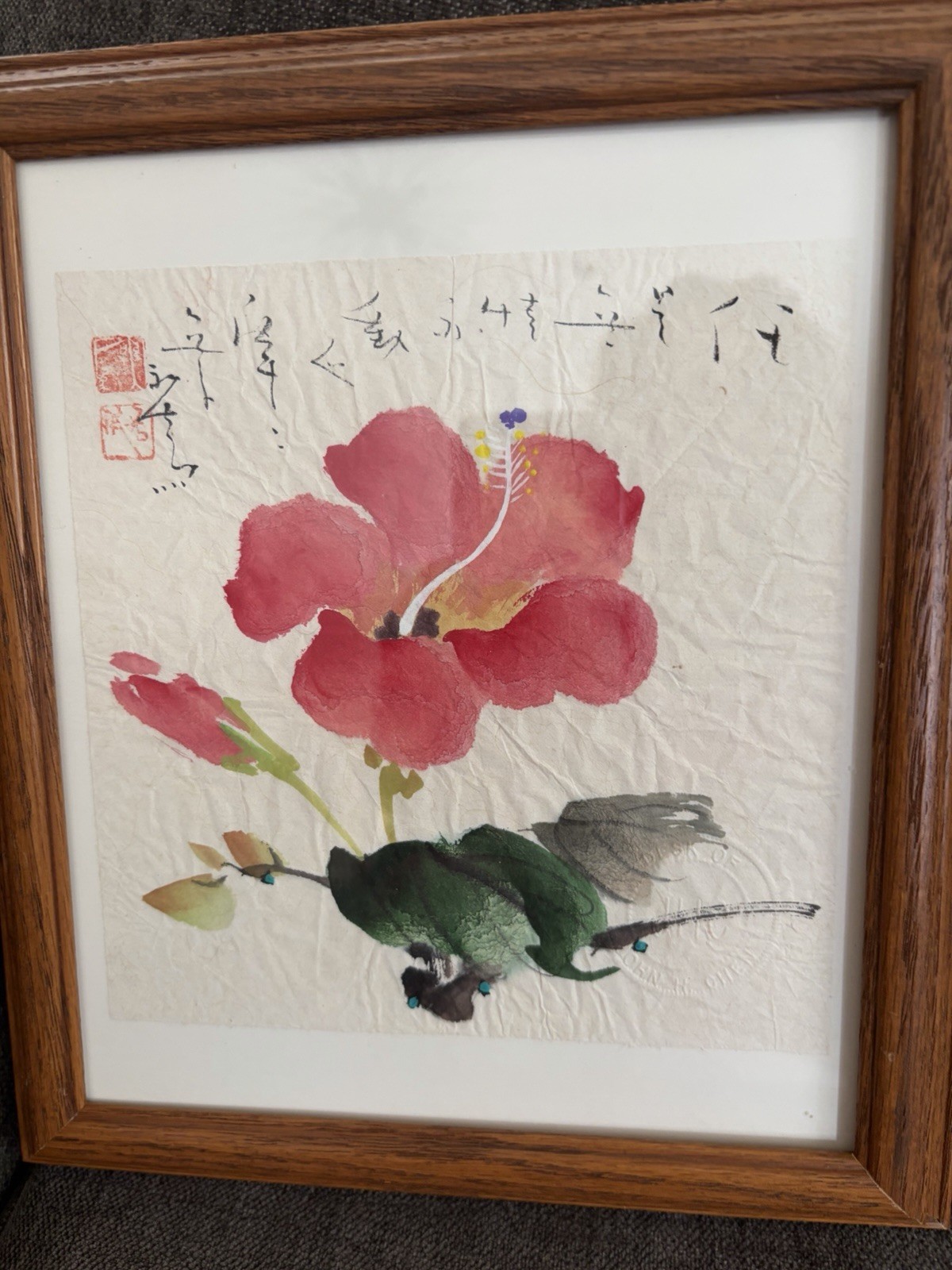 2 Signed Original Chinese Traditional Watercolors Hibiscus John H Chen Stamped