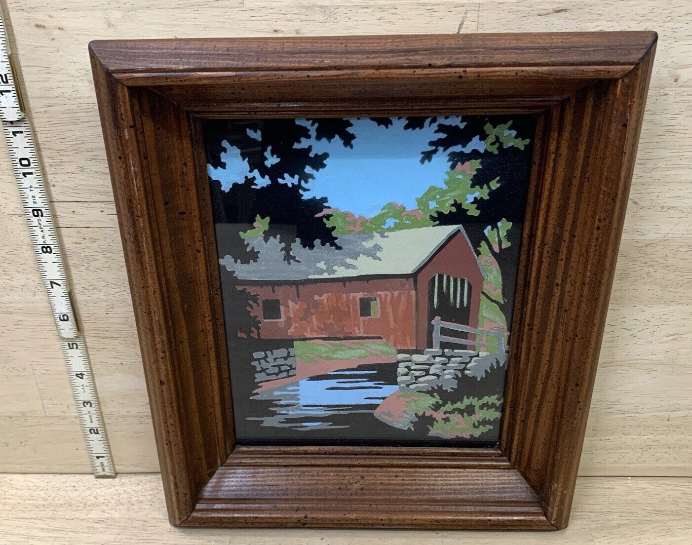 WATERCOLOR ART PAINTING in Wood Frame & Glass – Covered Bridge & Creek
