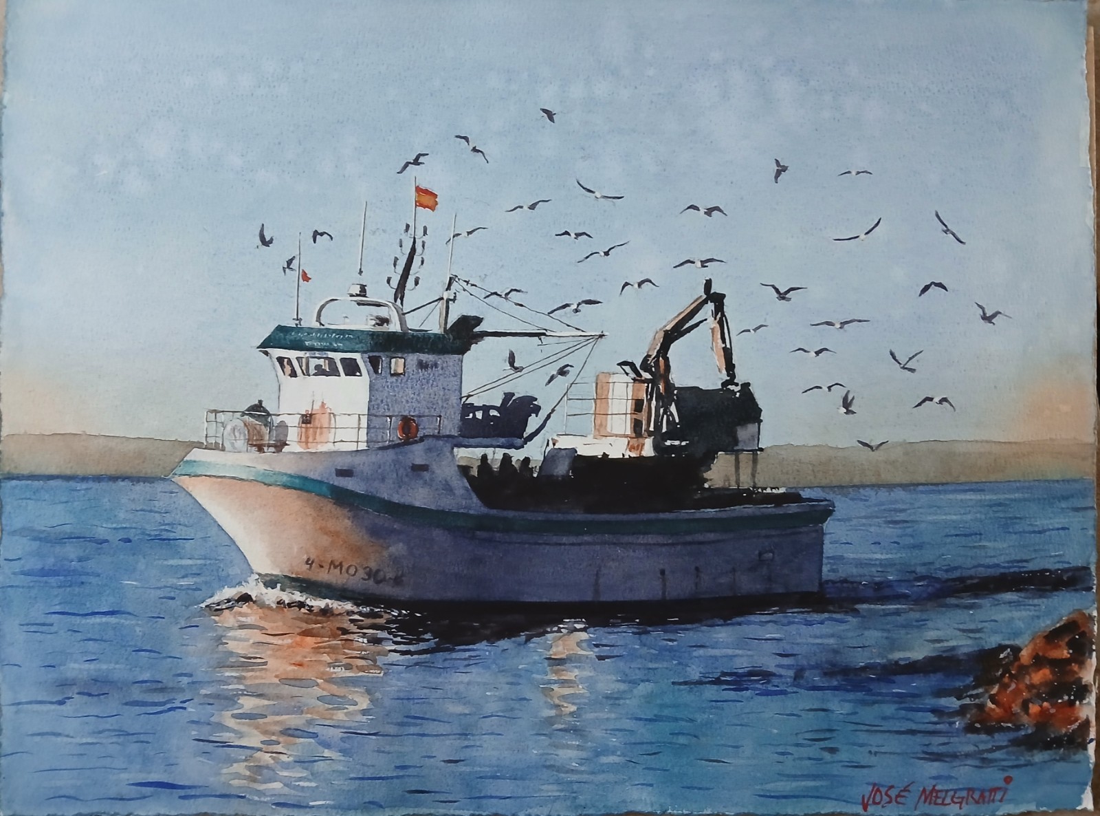 Original Painting in Watercolor «Fishing Boat And Seagulls» 16″x 12″